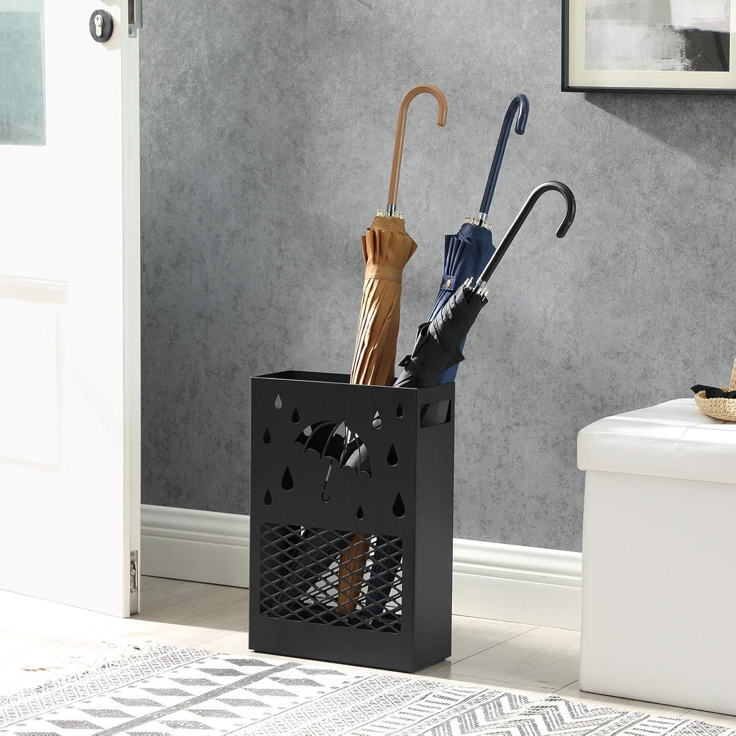 Black Metal Umbrella Stand with Cutout Design and Drip Tray