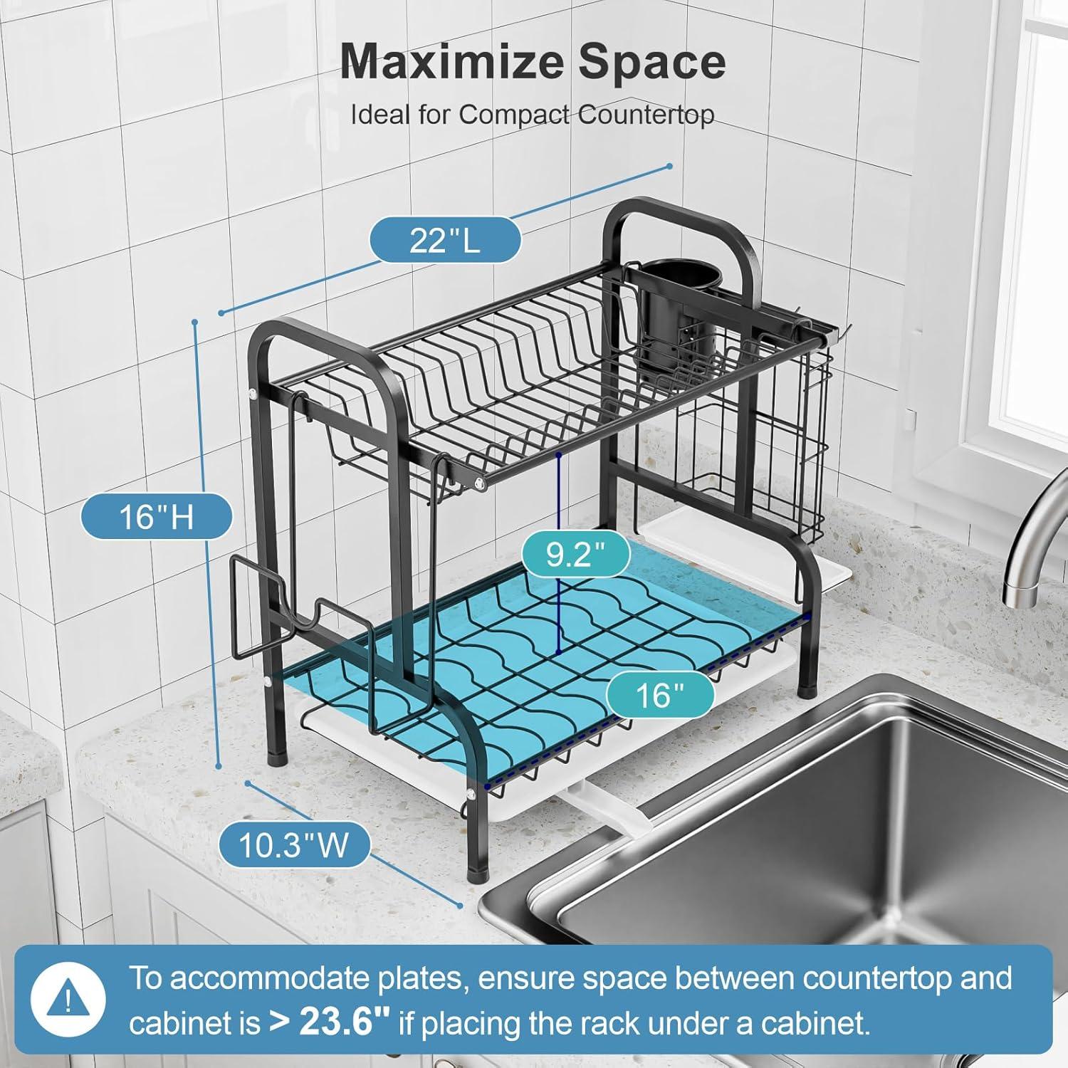2 Tier Dish Drying Rack for Kitchen Counter，Stainless Steel Large Capacity Dish Rack with Detachable Dish Drainer Organizer，Utensil Holder and Drain Board