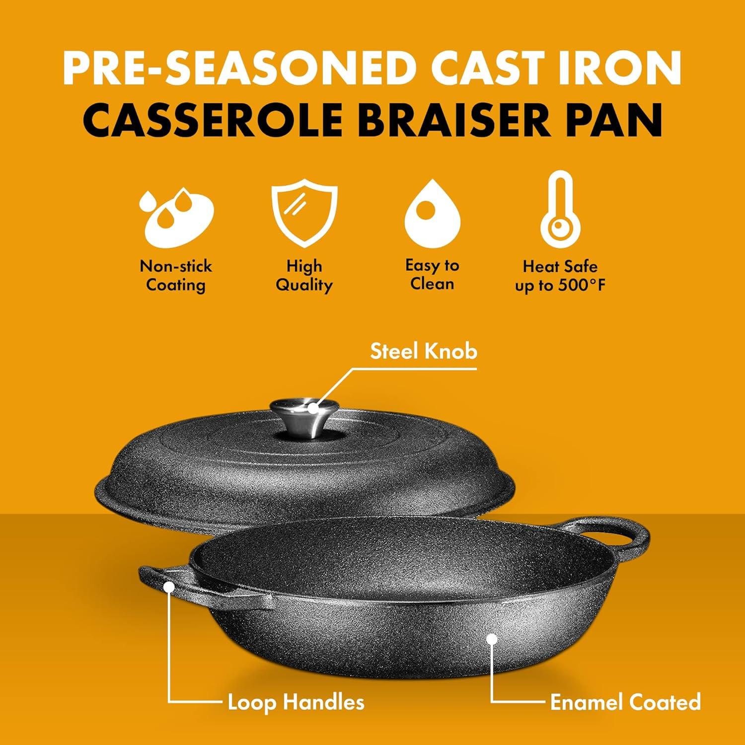 Bruntmor | Heavy Duty Pre-Seasoned Cast Iron Casserole Braiser - Pan With Cover