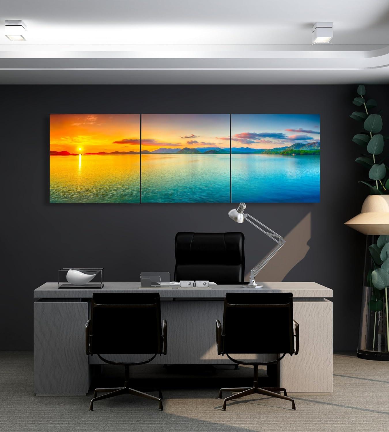 Split Canvas Wall Art Decor - Large Panoramic Sunset Ocean Wall Art, 3 Panels Hanging Canvas Art Set - Decorative Wall Art Prints for Living Room, Bedroom, Office, Home Decor, Gift, 24x72 Inch