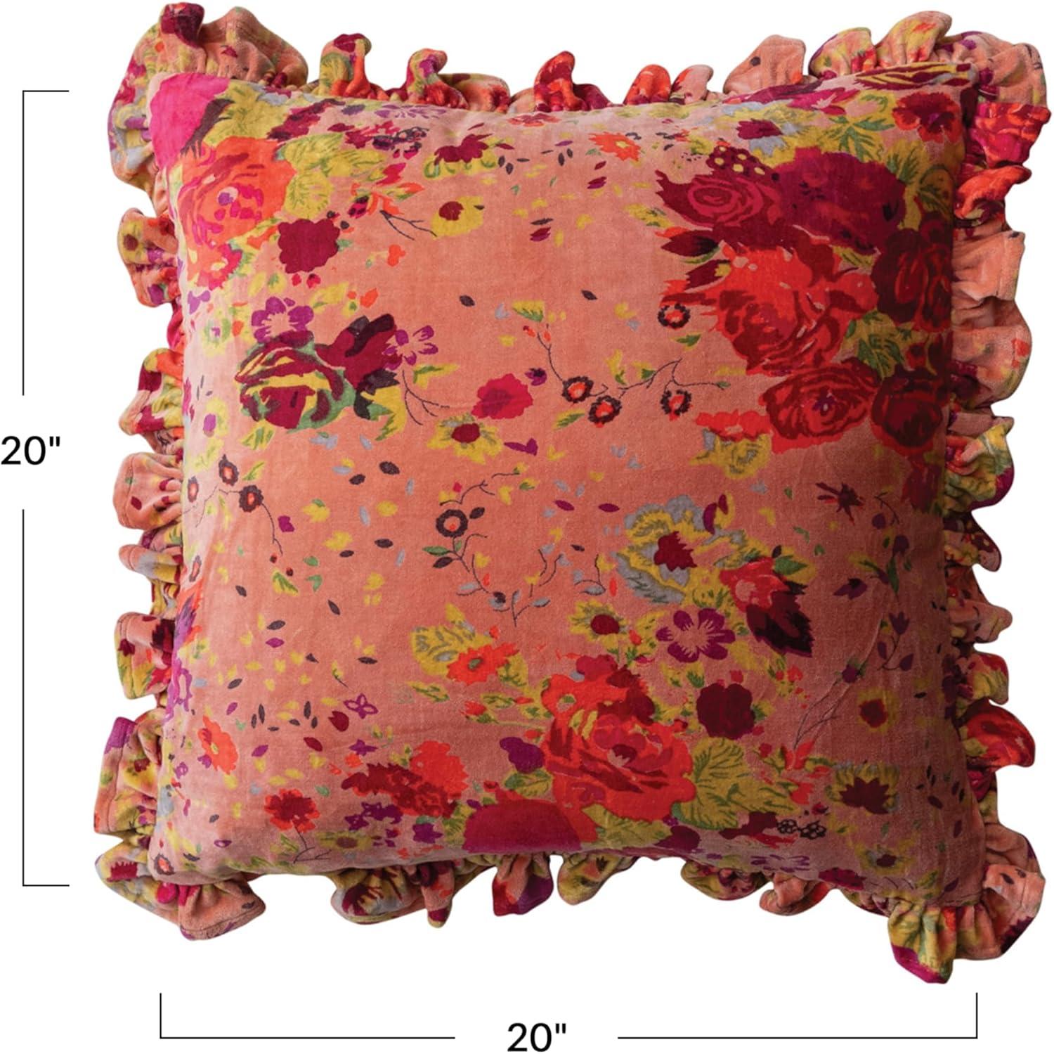 Multicolor Floral Velvet Square Pillow with Ruffle Trim