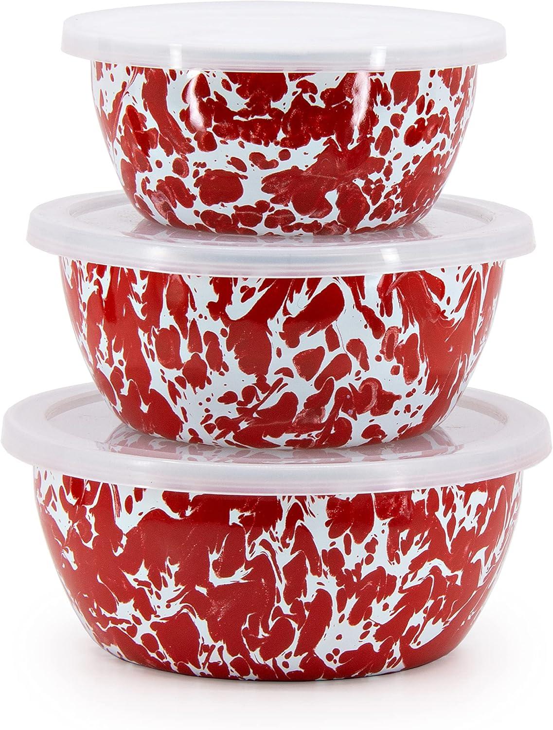 Red Swirl Ceramic Nesting Bowls with Lids, Set of 3