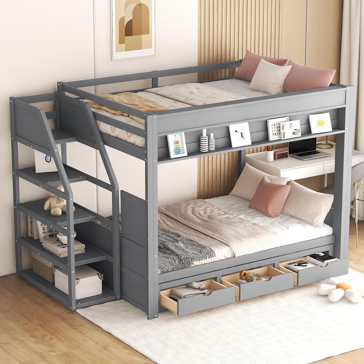 Harper & Bright Designs Full Over Full/Futon Bunk Beds with Stairs and 3 Drawers, Built-in Shelf, Bottom Bed can be Converted into Daybed, Solid Wood Bunk Bed Frame - Gray