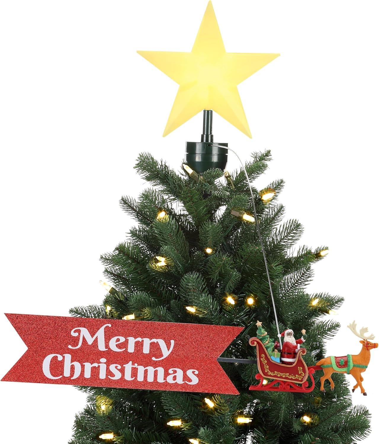 Santa's Sleigh Animated Plastic Tree Topper with LED Star