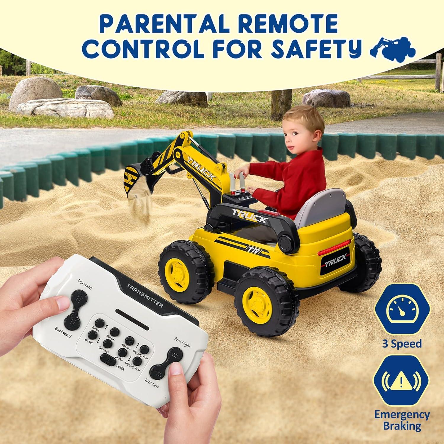 Ride On Excavator for Kids, 4WD Electric Excavator Toy, 12V Battery Powered Construction Truck Digger with Remote Control