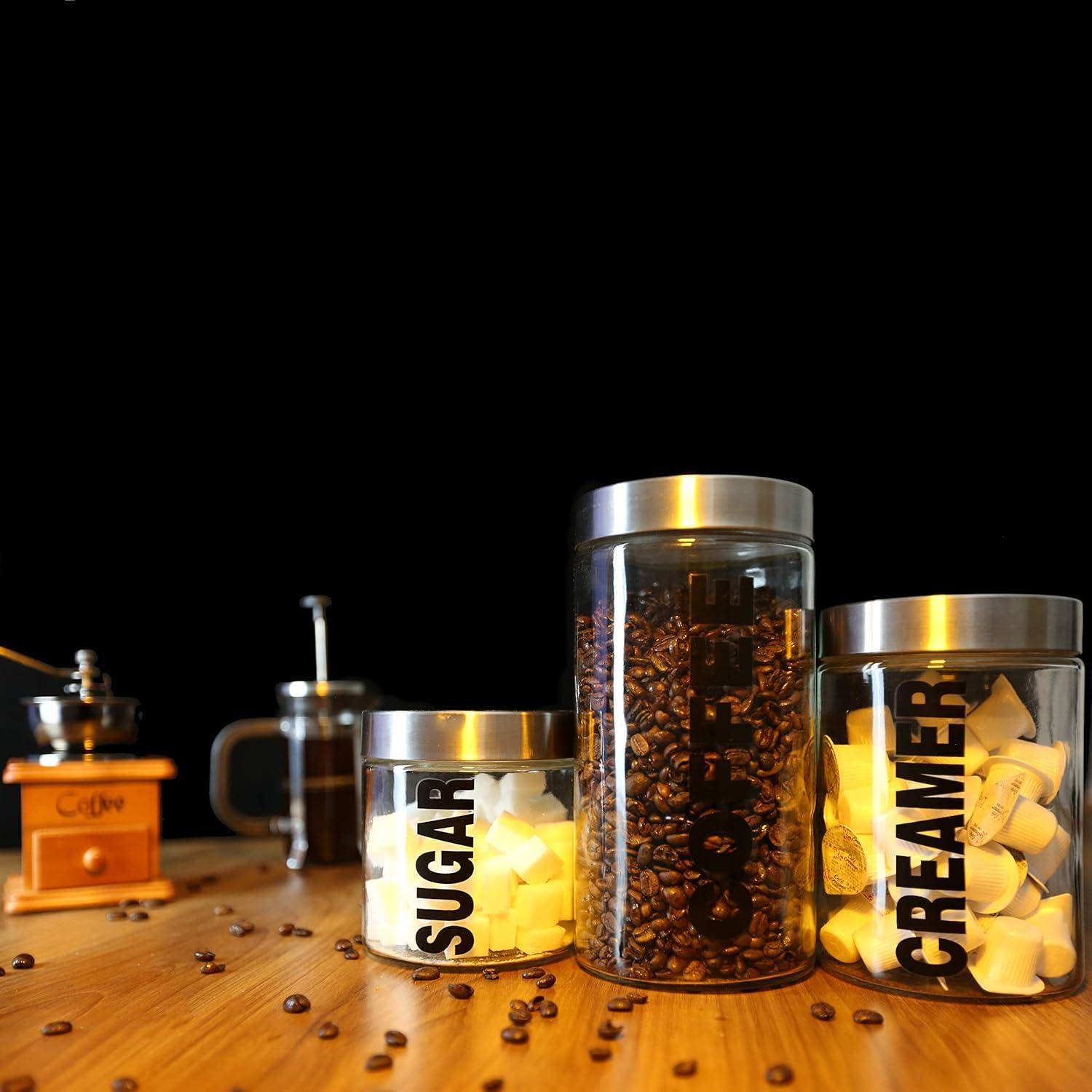 KMwares Glass Food Jars, Clear Storage Containers with Stainless Steel Lid, Airtight Glass Canisters Set for Coffee, Sugar and Creamer Container Set of 3 w Stainless Steel Lids((Sizes/57/44/29 oz)