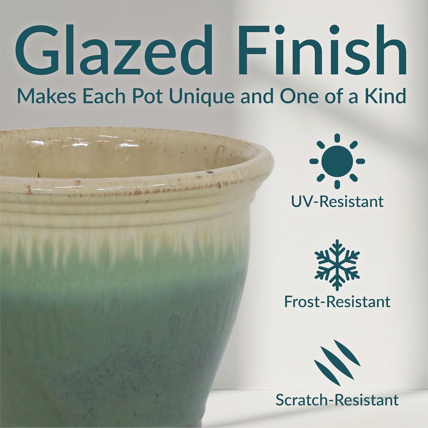 Sunnydaze Studio Outdoor/Indoor High-Fired Glazed UV- and Frost-Resistant Ceramic Planters with Drainage Holes - 11" Diameter - Seafoam - 2-Pack