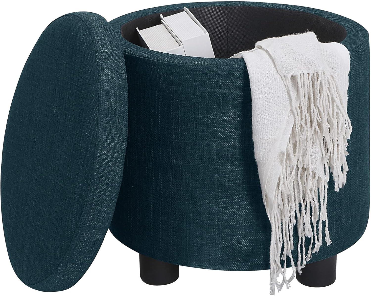 Designs4Comfort Round Accent Storage Ottoman with Reversible Tray Lid, Dark Blue Fabric