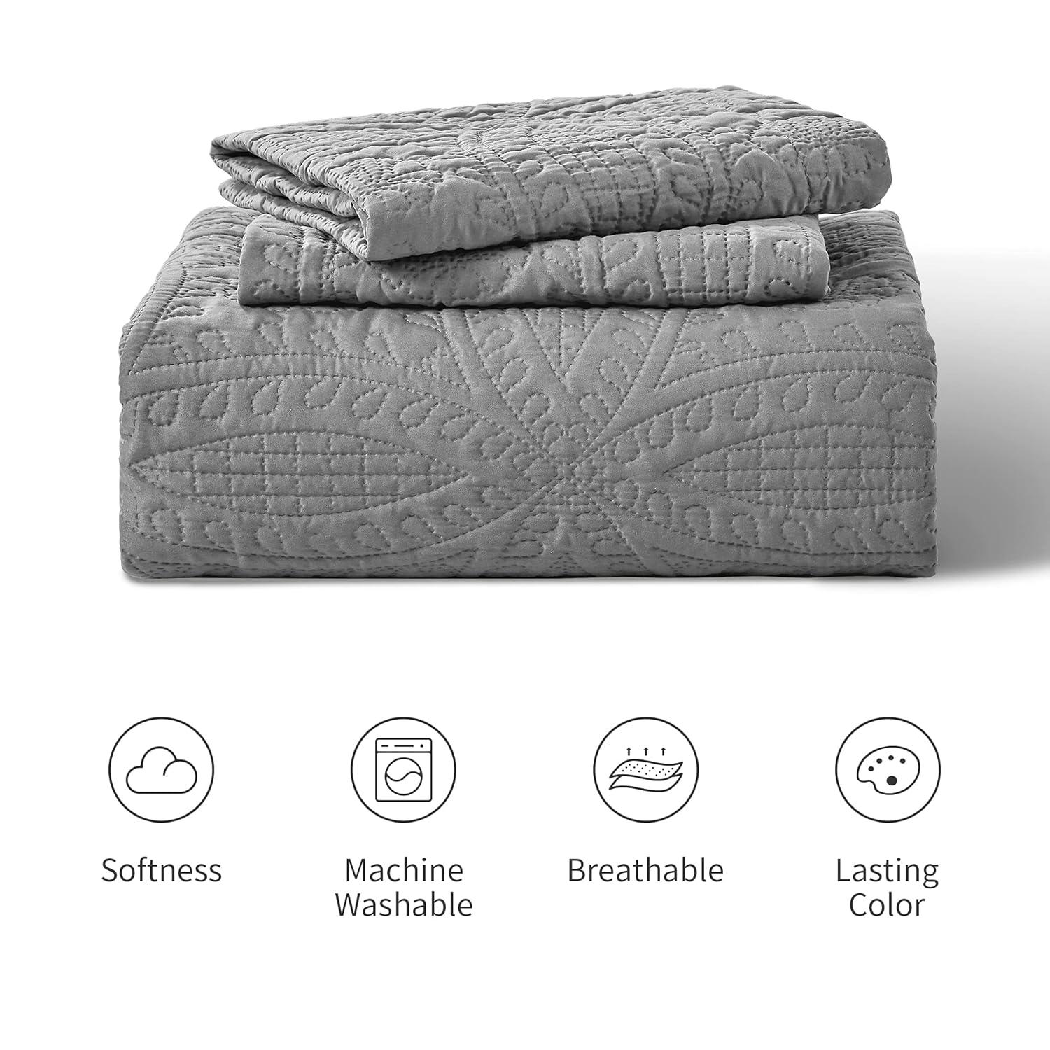 Love's cabin King Size Quilt Set Grey Bedspreads - Soft Bed Summer Lightweight Bedspread Comforter - Modern Style Coin Pattern Coverlet for All Season - 3 Pieces (1 Quilt, 2 Pillow Shams)
