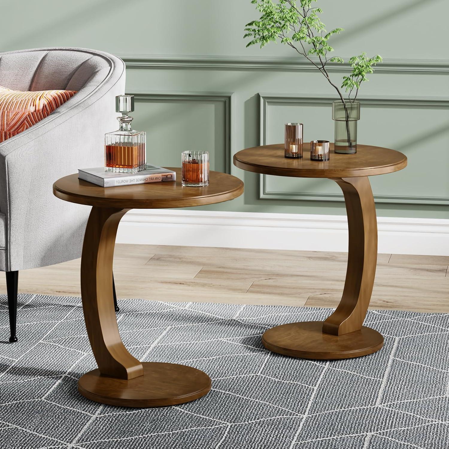 Hommoo C-Shaped End Table, Round Solid Wood Side Table for Living Room Brown