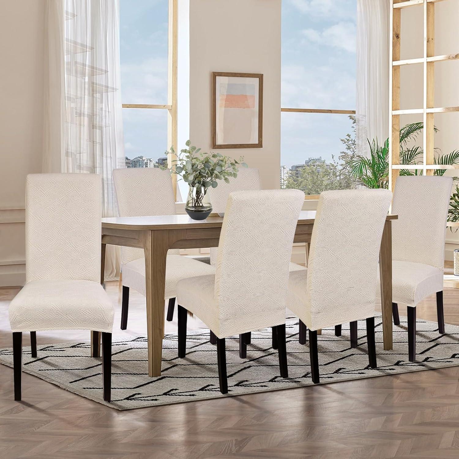 Beige Stretch Jacquard Dining Chair Covers, Set of 4