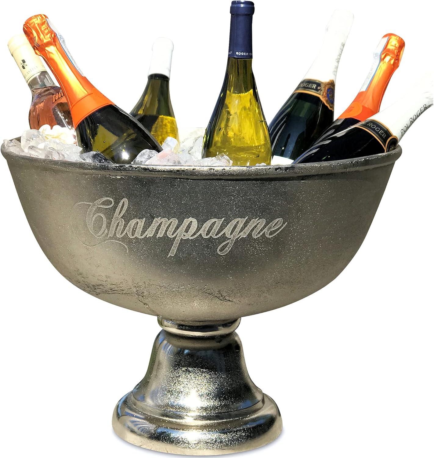 Luxury Champagne Ice Bucket, Elegant Script Text Details, Hand Cast, Silver Aluminum, 18.5 inches