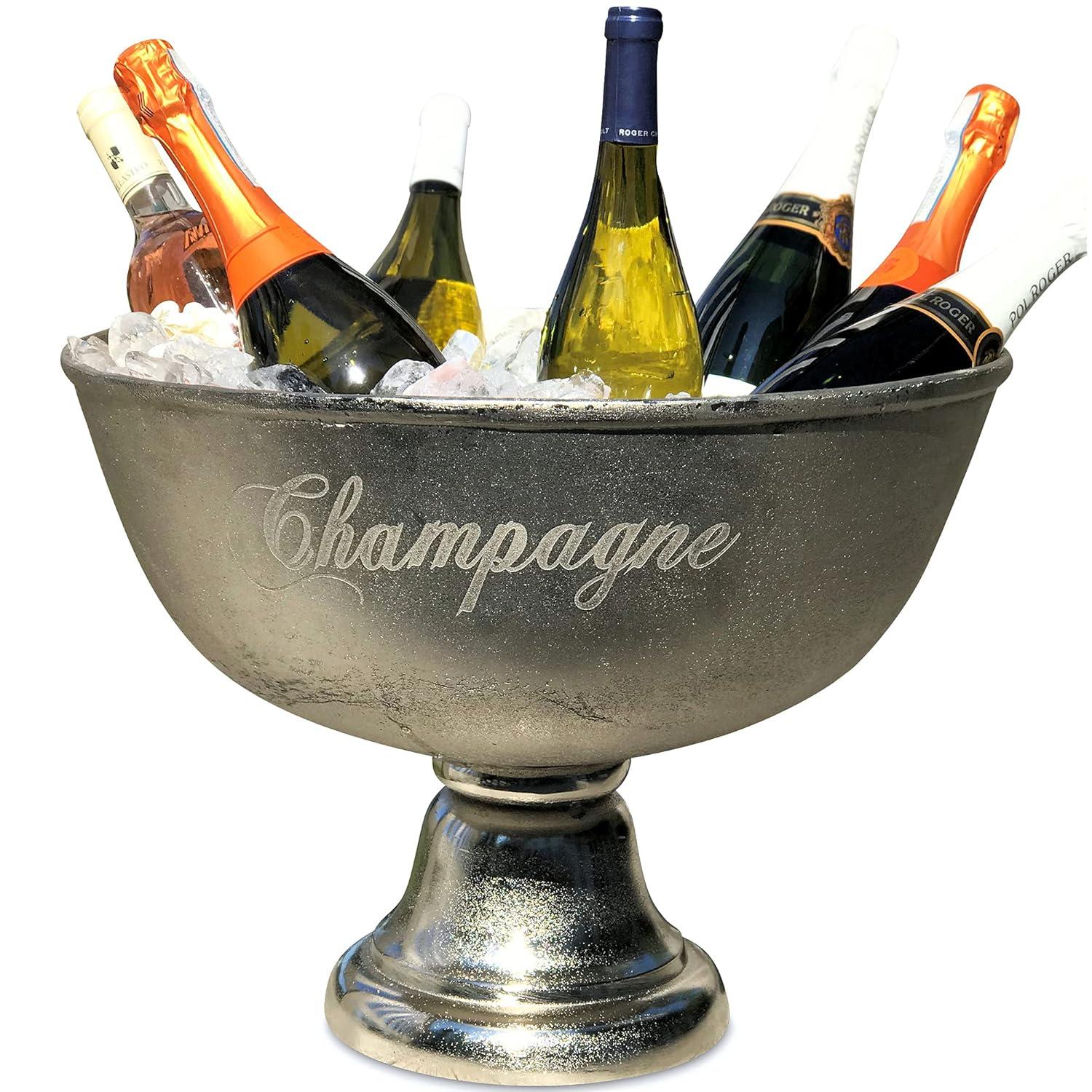 Luxury Champagne Ice Bucket, Elegant Script Text Details, Hand Cast, Silver Aluminum, 18.5 inches