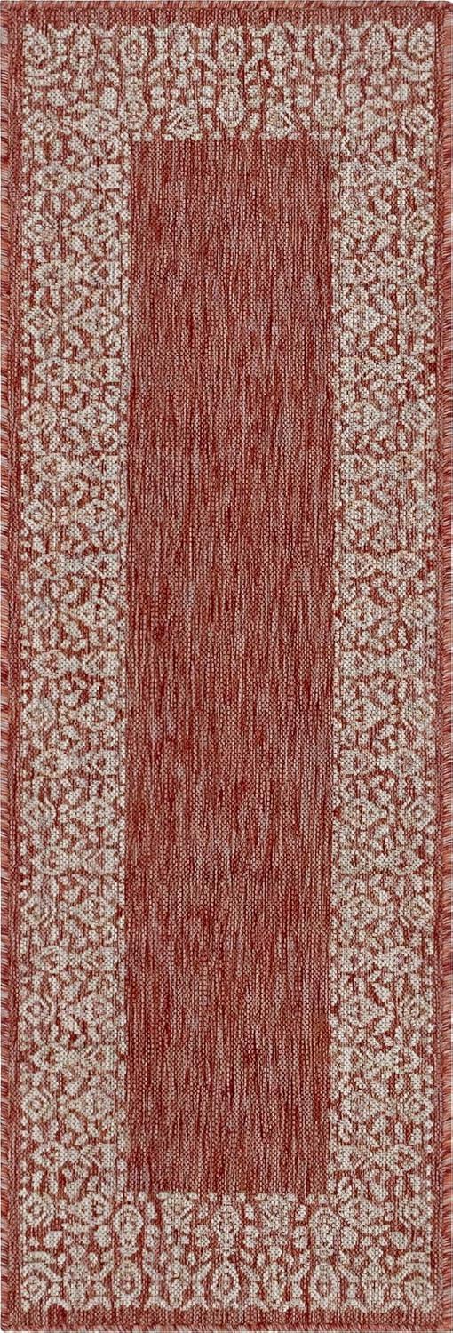 Rust Red Floral Easy-Care Outdoor Synthetic Runner Rug