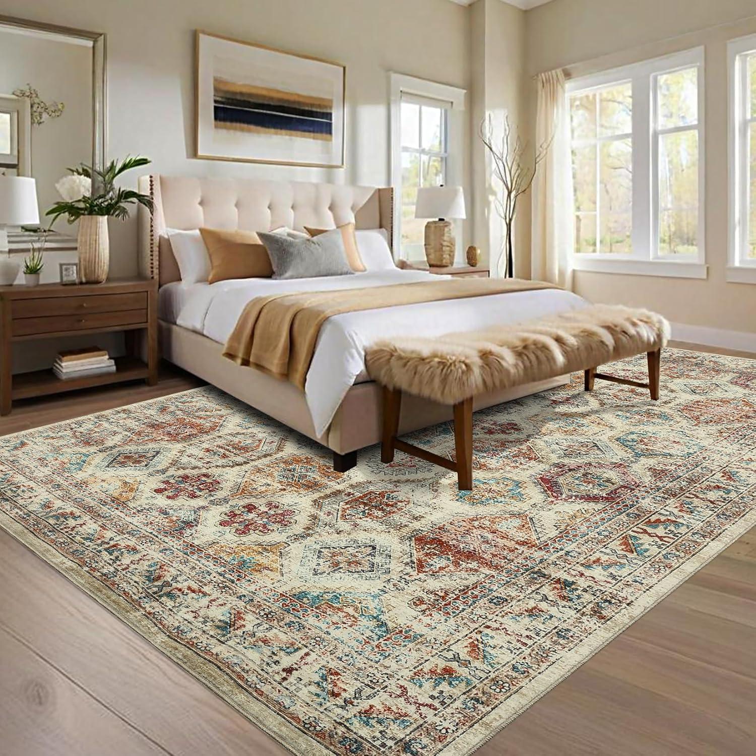 Garvee 8'x10' Large Area Rug for Living Room Vintage Rug Geometric Rug Non Slip Low Pile Indoor Bedroom Rug, Multi