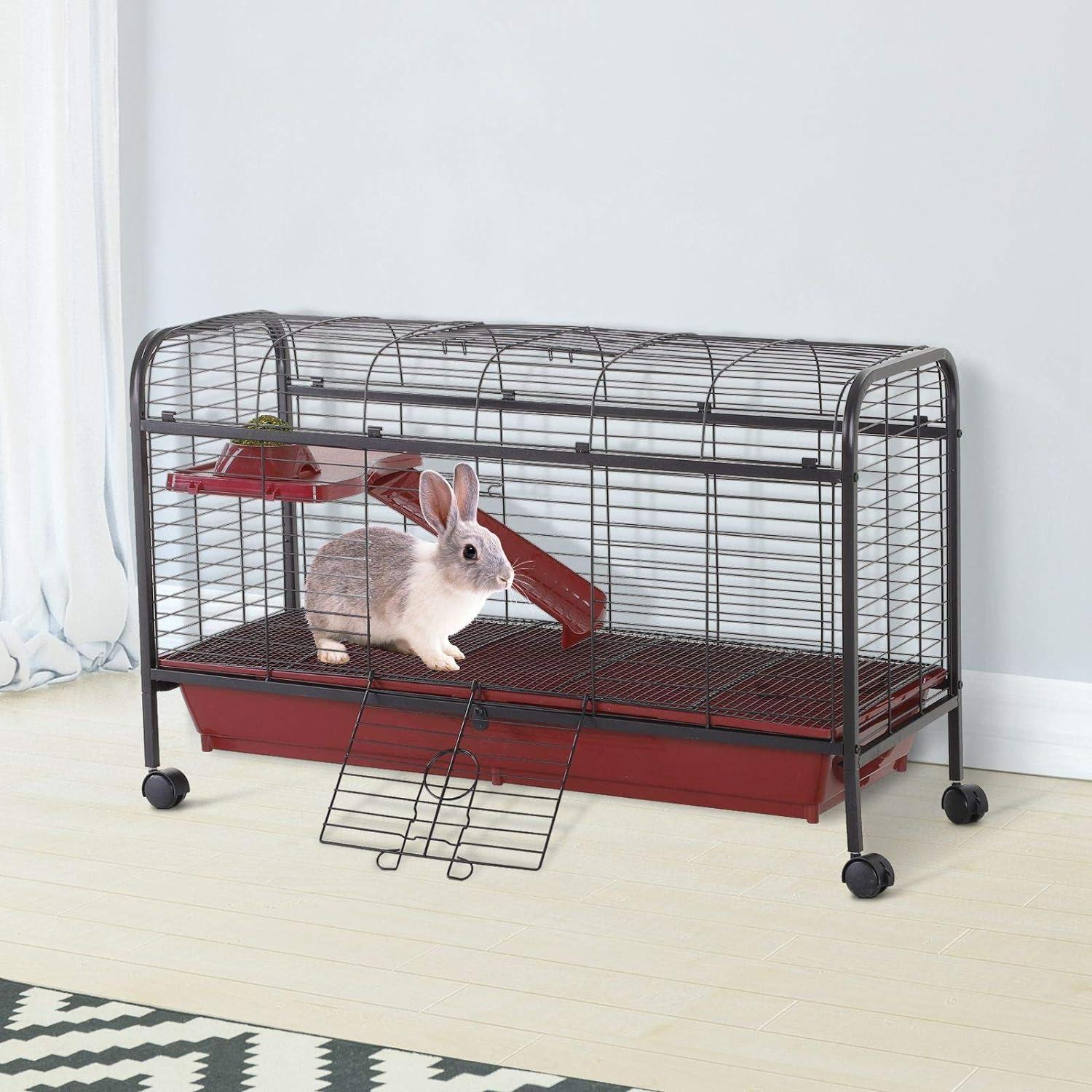 PawHut Small Animal Cage Rabbit Hutch Ferret Pet Play House with Feeder, Rolling Wheels, Platform, Ramp