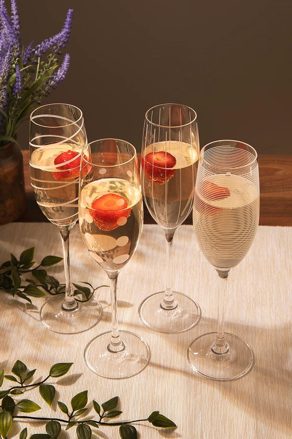 Set of 4 Clear Crystal Champagne Flute Glasses with Etched Designs