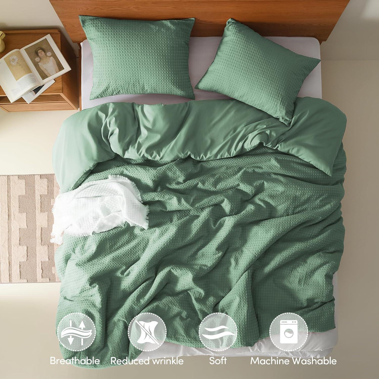 Comfort Spaces Sage Green Queen Comforter Set - 3 Pieces Breathable Dotted Weave Texture Comforter Sets, Modern Farmhouse Boho Comforter & Shams, All Season Microfiber Queen Bed Set, Full/Queen