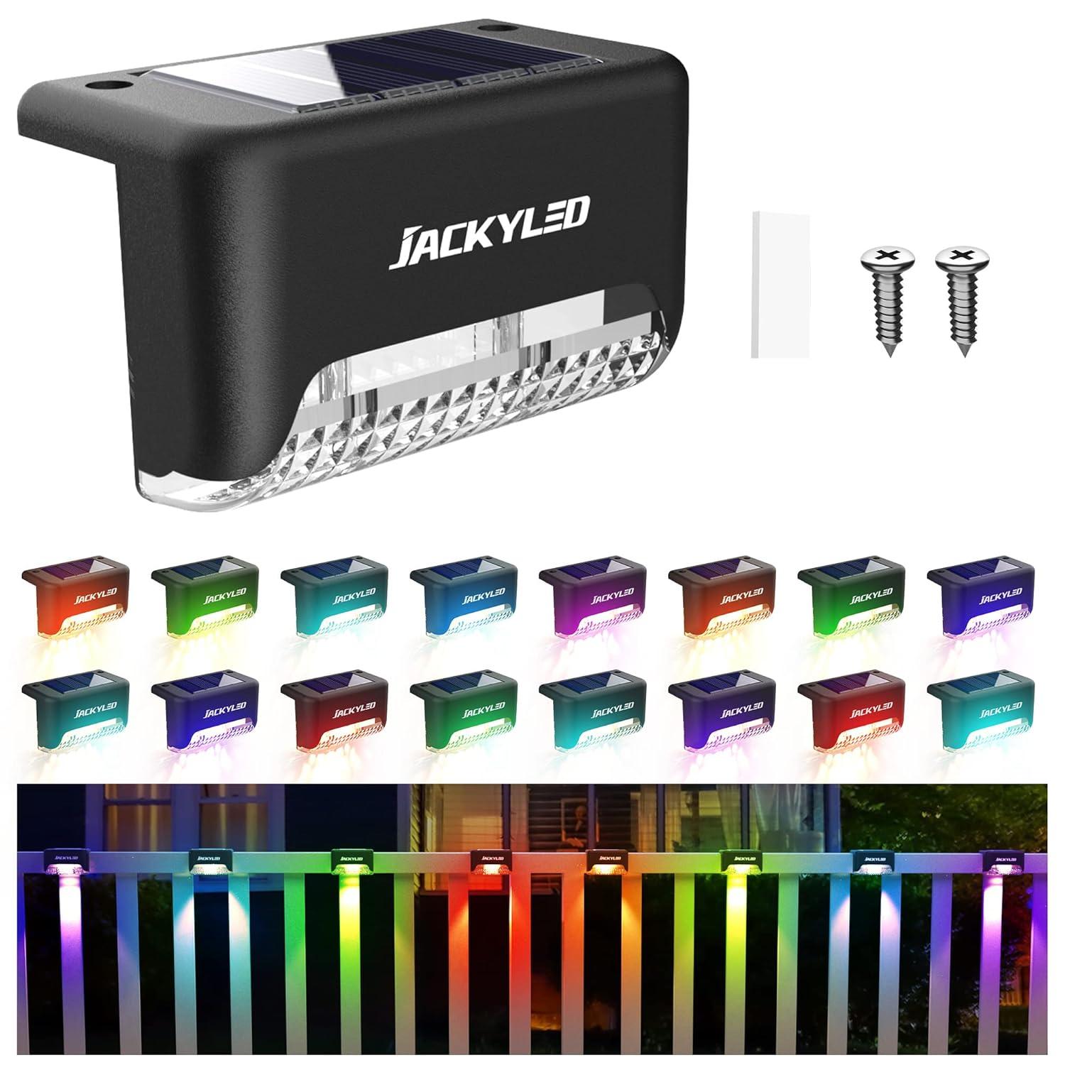 JACKYLED 16 Pack Deck Lights Solar Powered Color Changing, Outdoor Solar Fence Lights Waterproof LED Stair Lights for Patio Step Railing Wall Garden