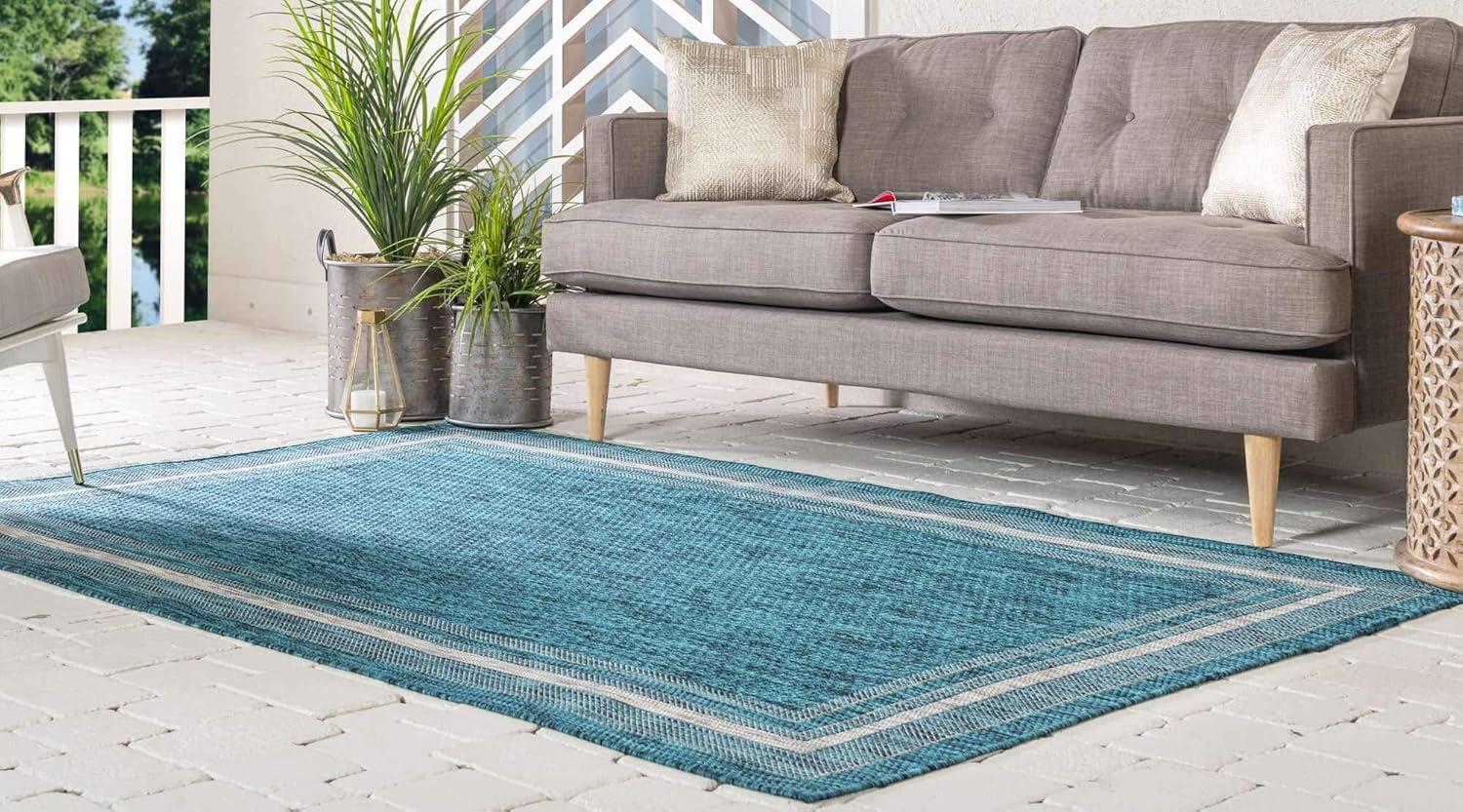 Unique Loom 9' 0 x 12' 2 Rectangle Indoor/Outdoor Border Teal Area Rug