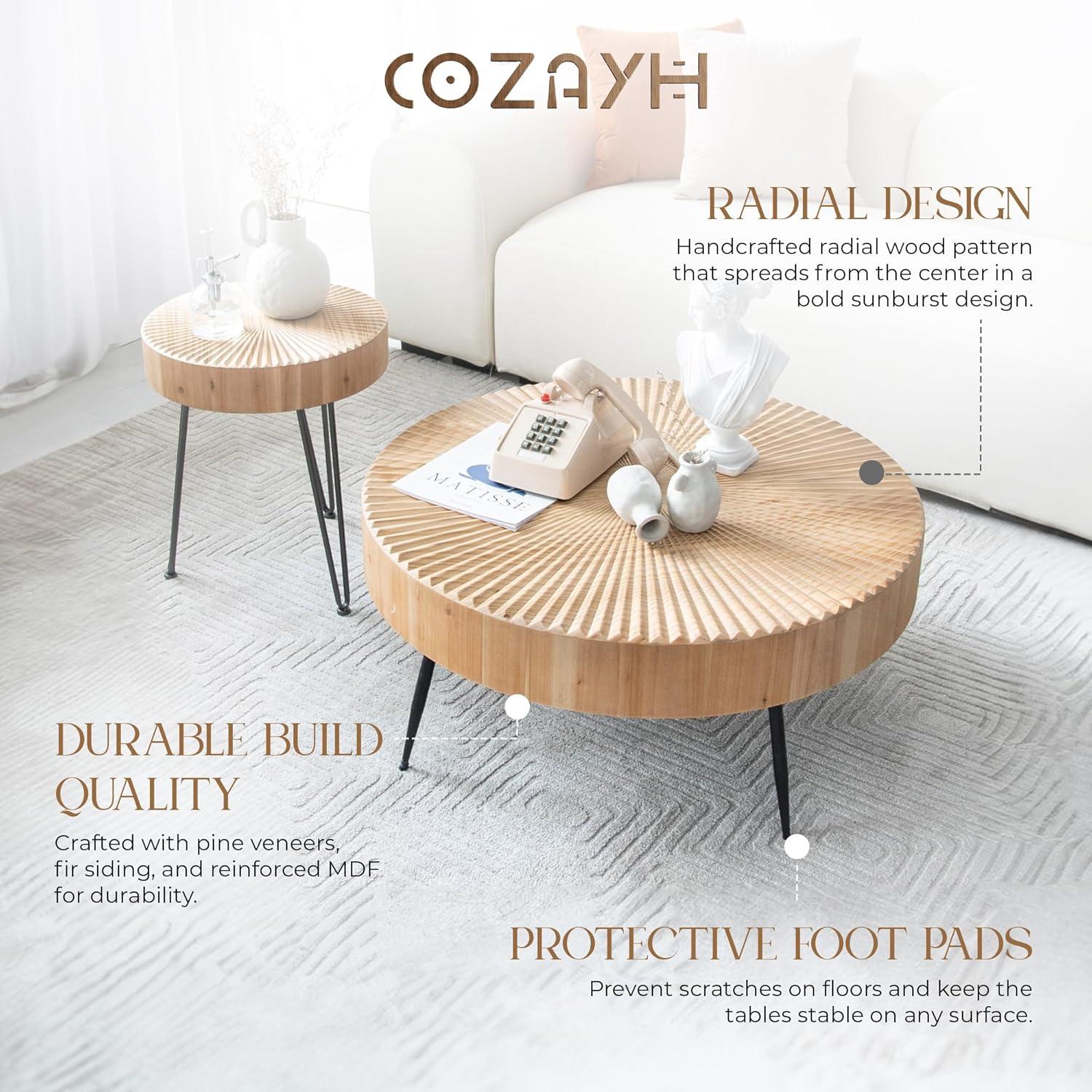 COZAYH 2-Piece Modern Farmhouse Living Room Coffee Table Set, Nesting Table Round Natural Finish with Handcrafted Wood, Radial Pattern