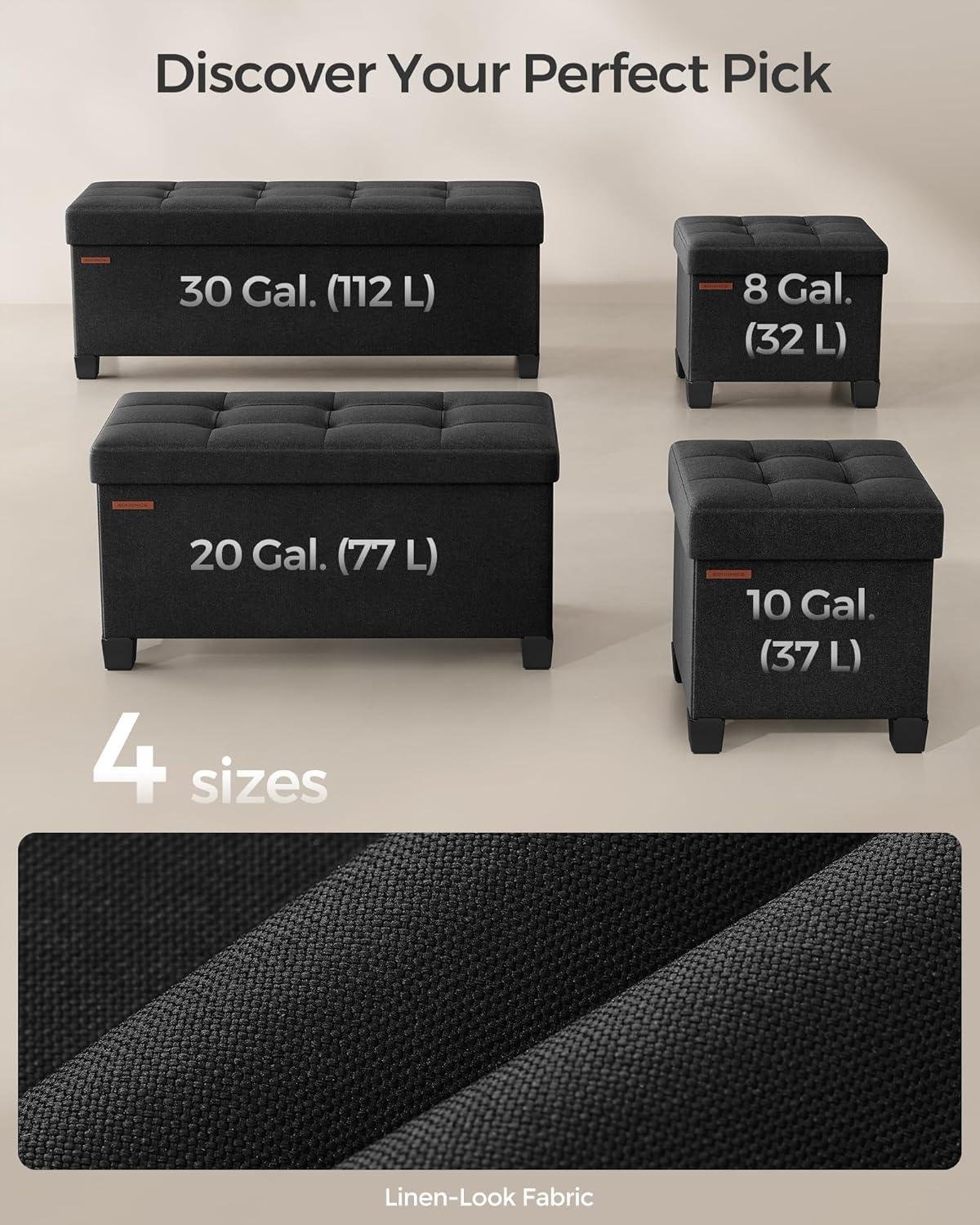 15" Black Linen Storage Ottoman with Plastic Feet