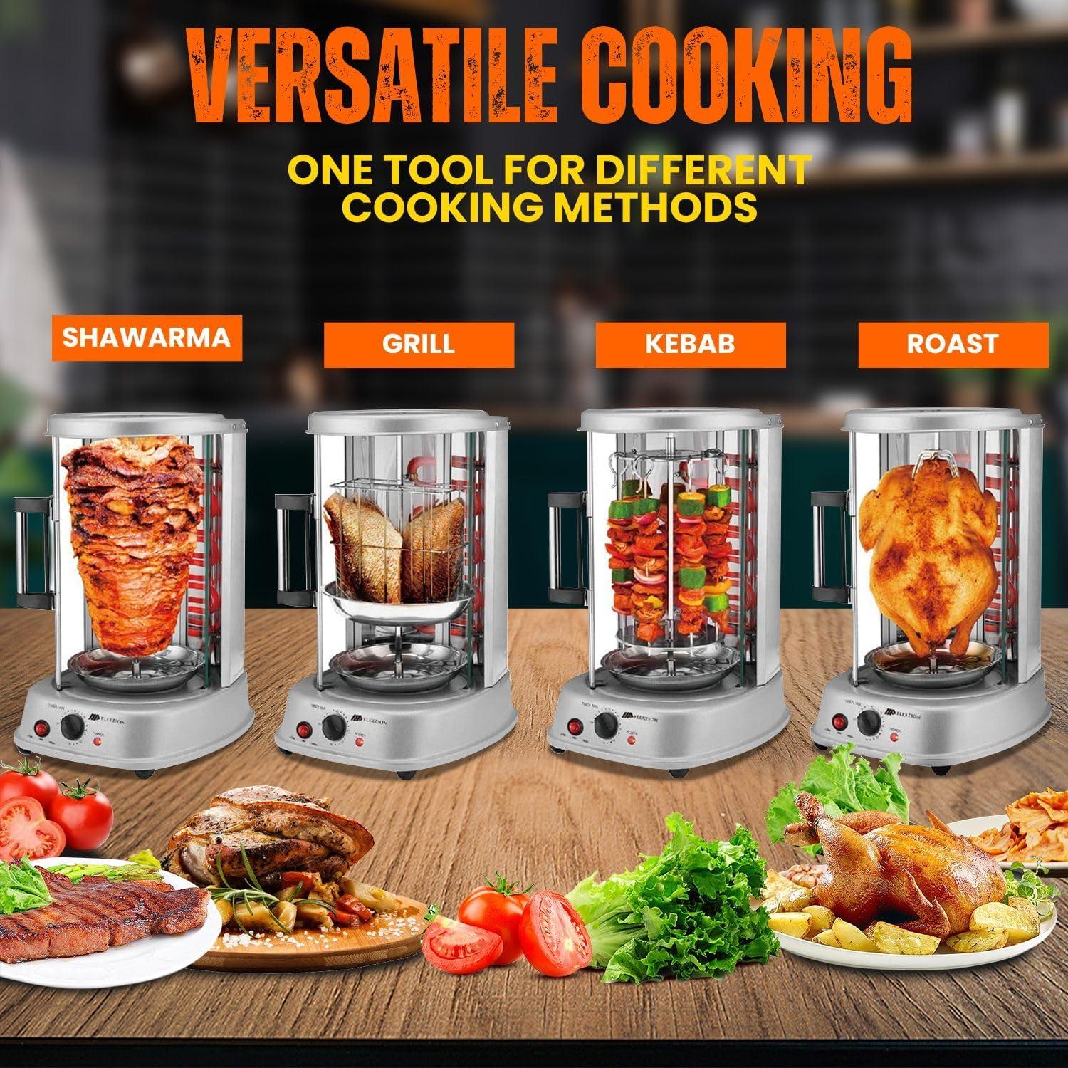 Vertical Tower Rotating Rotisserie Oven Grill - Shawarma Kebab Electric Cooker Machine Countertop w/ Stainless Doner Kebab Skewers & Rack Accessories Stain Resistant 5 in 1 for Professional & Home Use