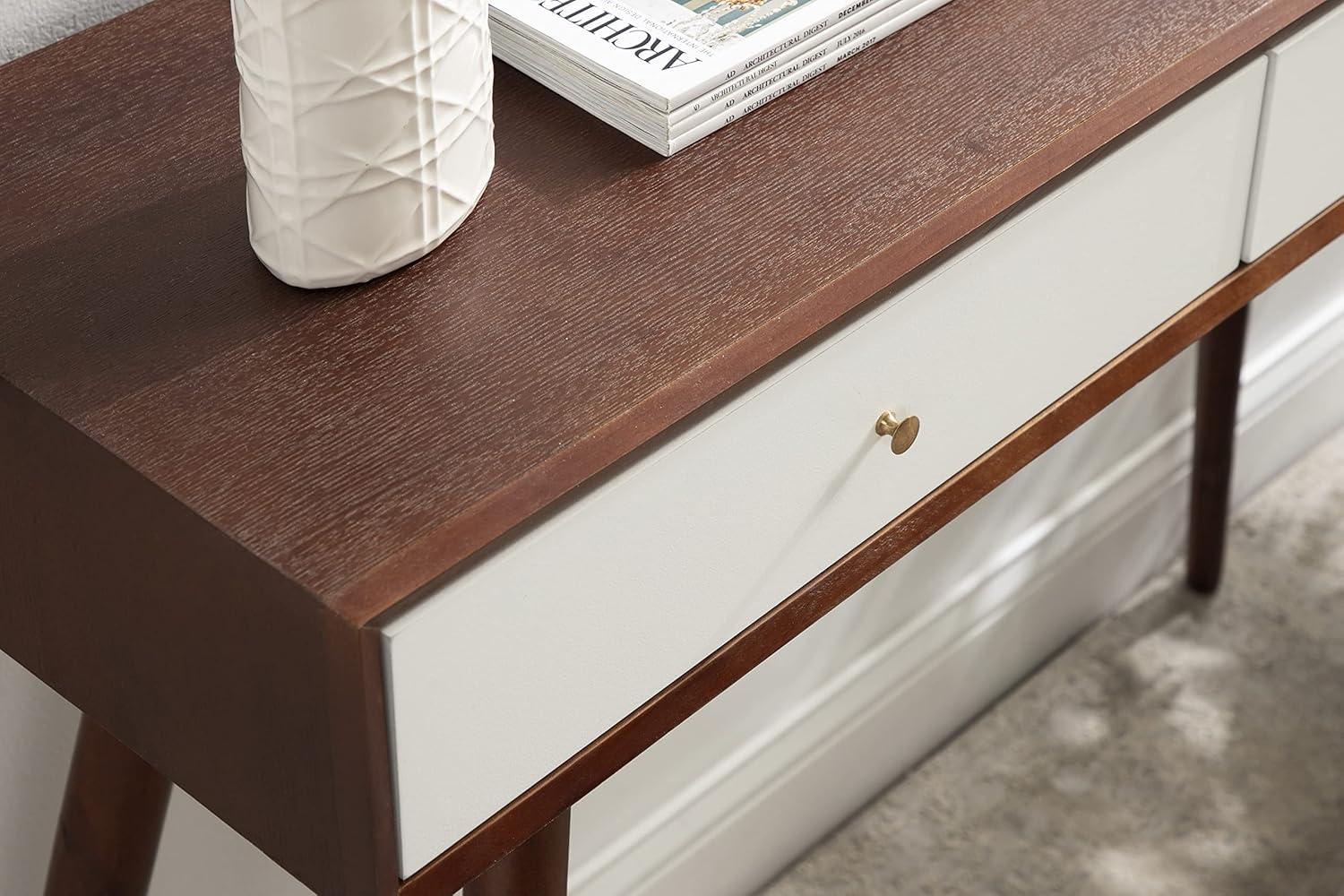 Kate and Laurel Finco Midcentury Modern Style 2 Drawer Console Table, Walnut Brown and White Finish with Brass Hardware