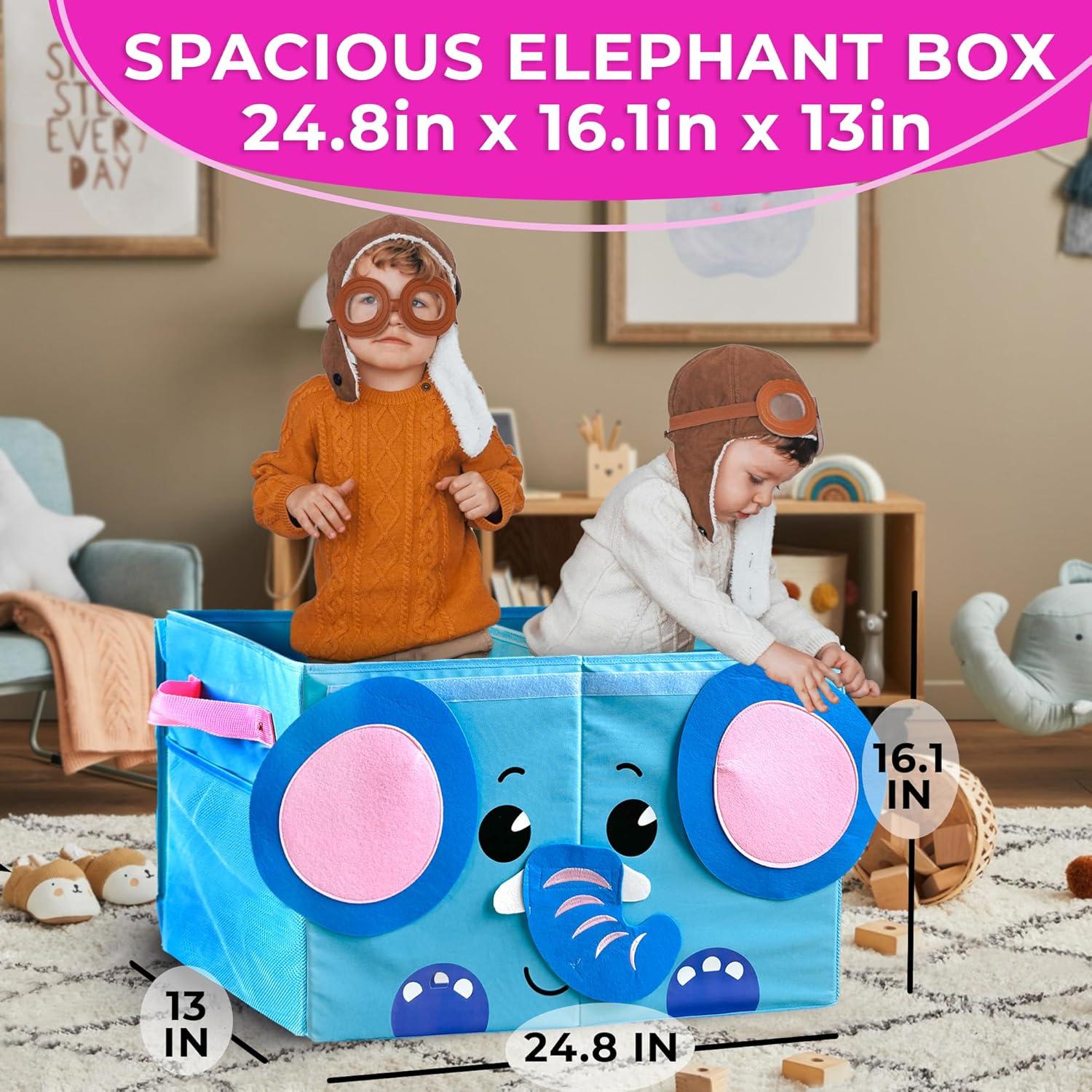 Blue Elephant Fabric Collapsible Toy Storage Box with Handles