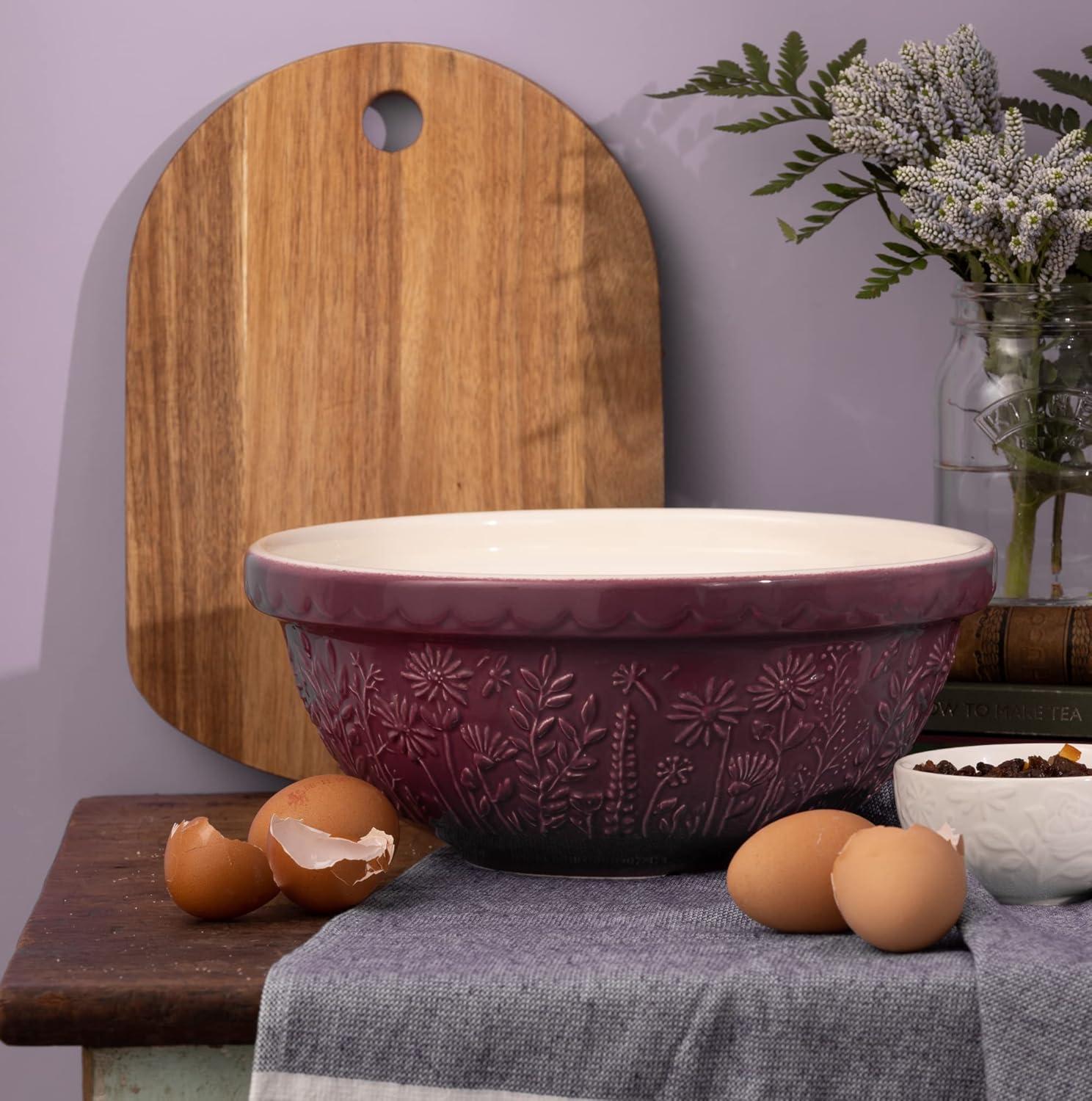 Purple Embossed Floral Ceramic Mixing Bowl