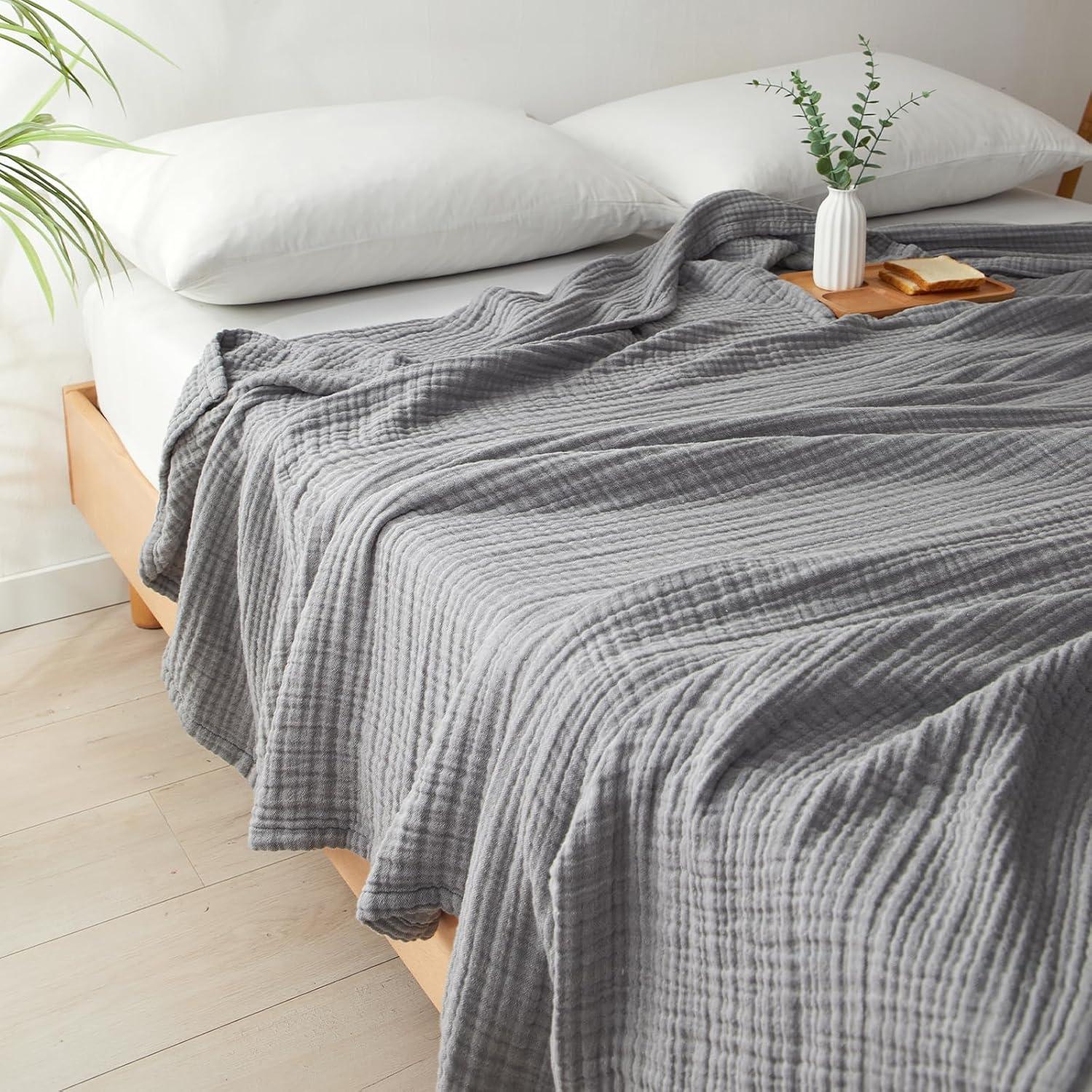 PHF 100% Cotton Muslin Blanket King Size 108" x 90", 4-Layer Lightweight and Breathable Blanket for Summer, Luxuriously Soft Gauze Bedding for Bed, Natural Minimalism Style, Ideal, Gift Grey