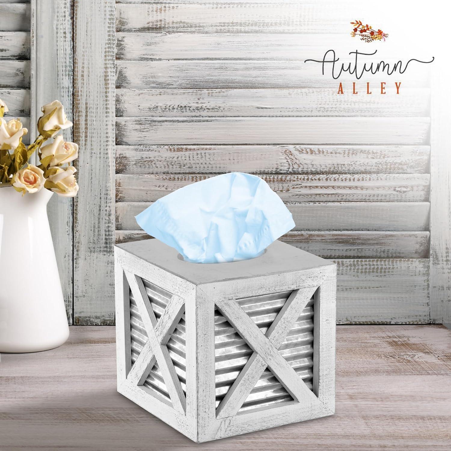 Autumn Alley White Barn Door Tissue Box Cover with Galvanized Metal