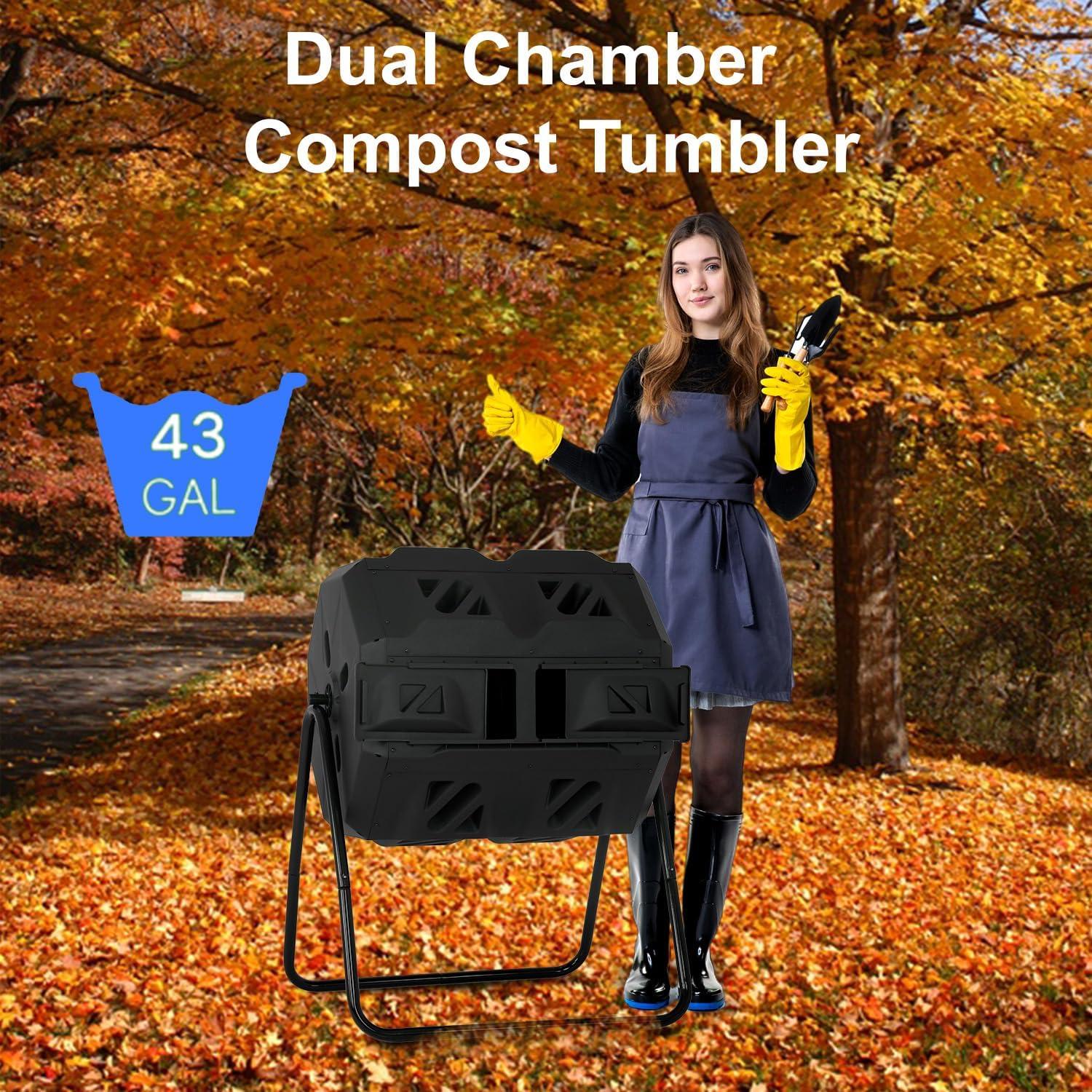 CL.HPAHKL Outdoor Compost Bin, 43 Gallon Dual Tumbling Composter Rotating Composting Bin Compost Tumbler for Garden Patio Kitchen Yard, Black Door