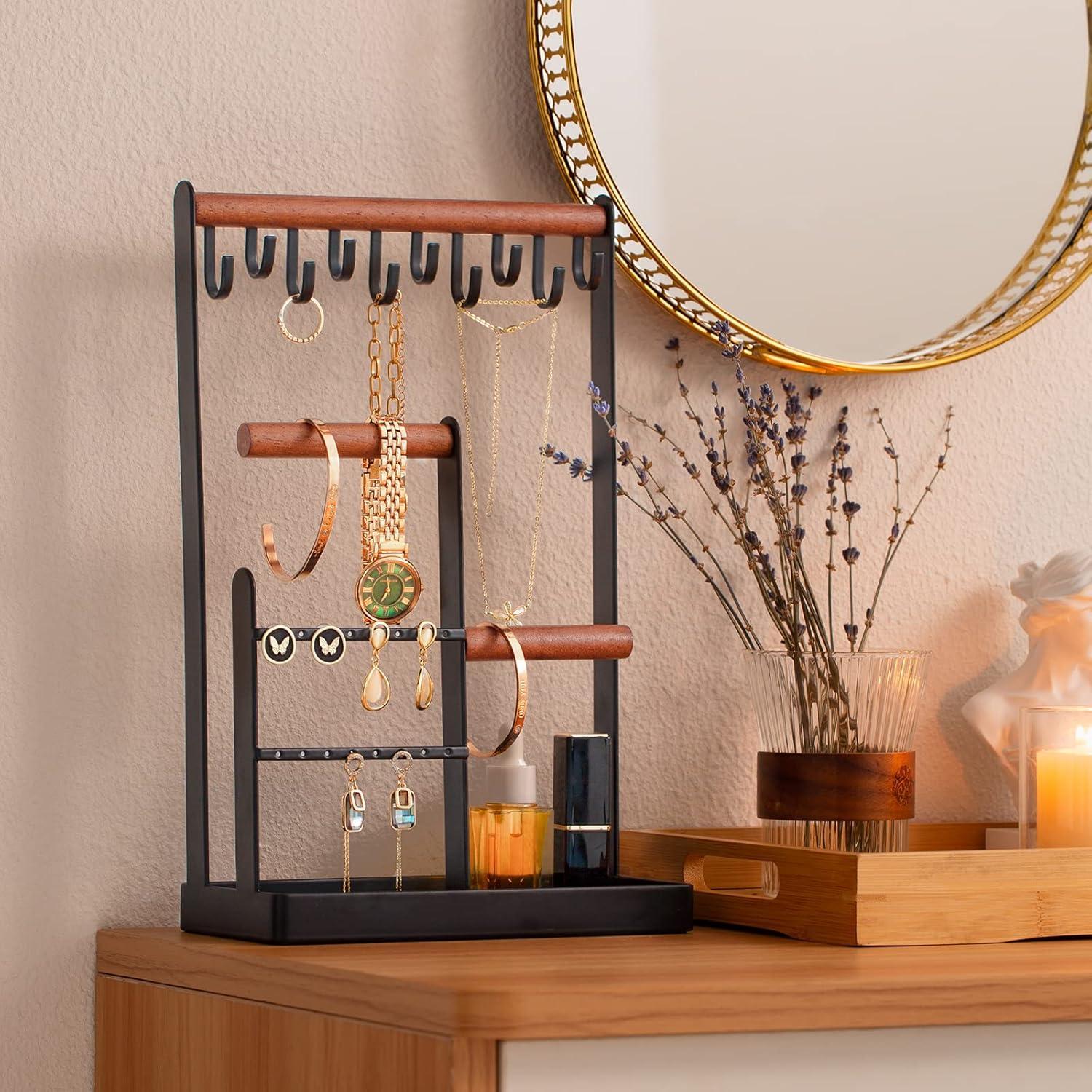 ProCase Jewelry Organizer Stand Necklace Holder, 4-Tier Jewelry Tower Rack with Earring Tray and Holes, 10 Hooks Necklaces Hanging Storage Tree Display for Bracelets Watches Earrings Rings -Black