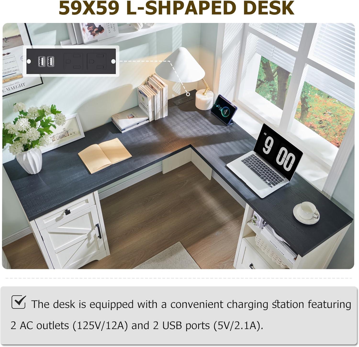 JXQTLINGMU Home Office Desk, Modern Farmhouse Computer Desk with File Cabinet Letter T4 F4 Legal, Study Writing Desk, 59 Inch, Off White