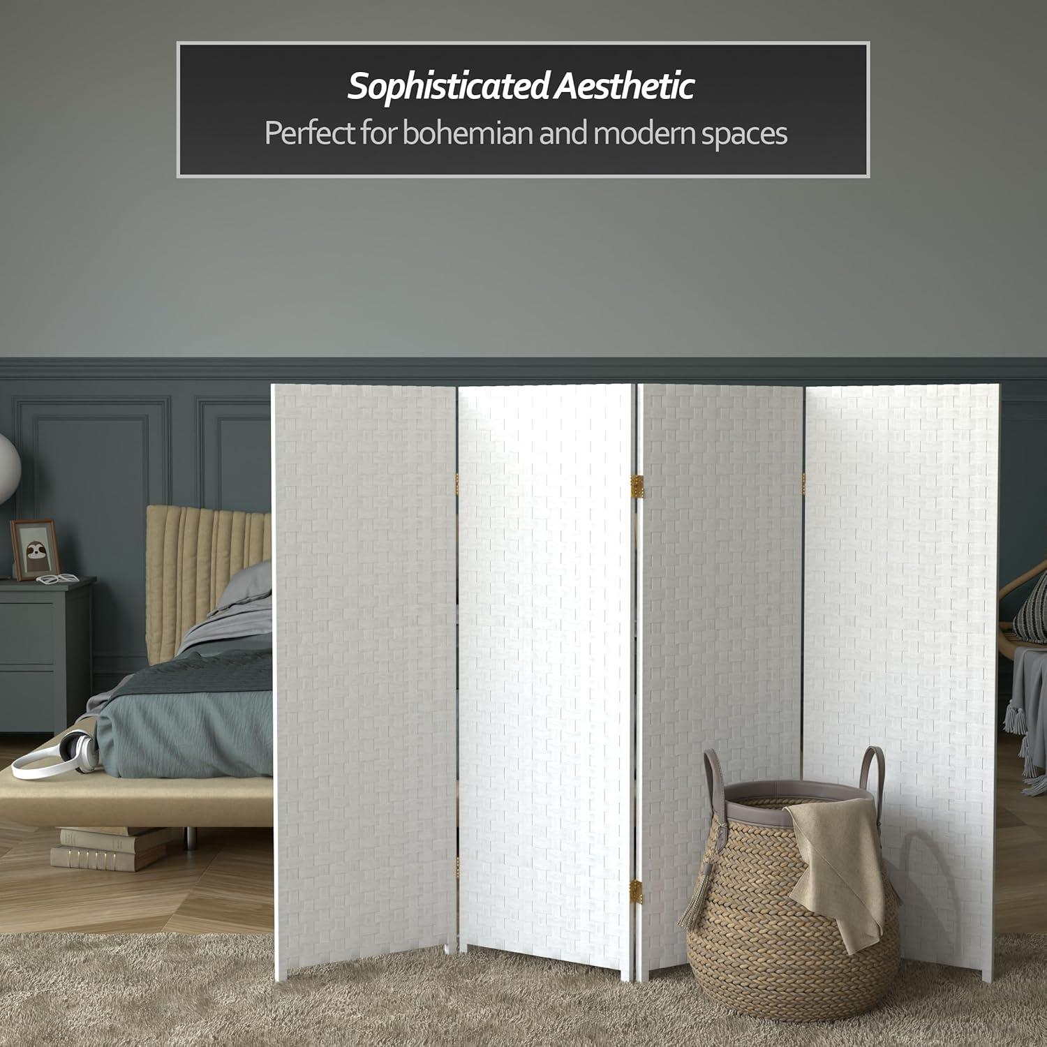 Handmade Woven Fiber Four-Panel Four-Foot Room Divider (China) White