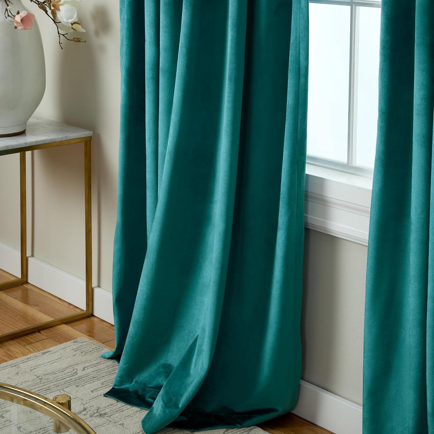 TOWN & COUNTRY LUXE Velour Solid Heavyweight Indoor Curtains, Light Filtering Opacity, Triple Pinch Pleat Top, Plush Velvet, 2-Pack Set, 27"x84", Teal