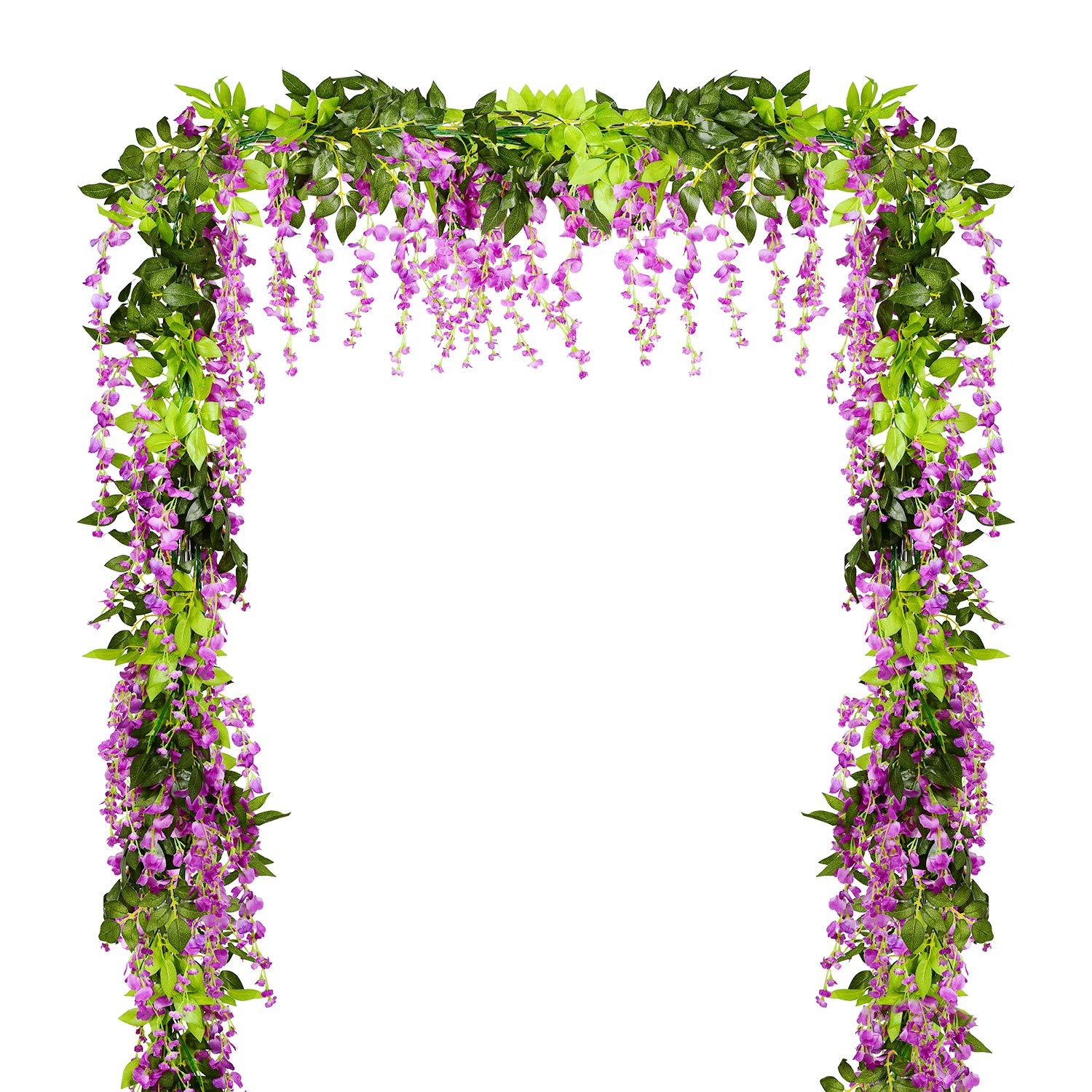 Sinhoon Wisteria Artificial Flowers Garland, 4 Pcs Total 28.8ft Artificial Wisteria Vine Silk Hanging Flower for Home Garden Outdoor Ceremony Wedding Arch Floral Decor (Light Purple)