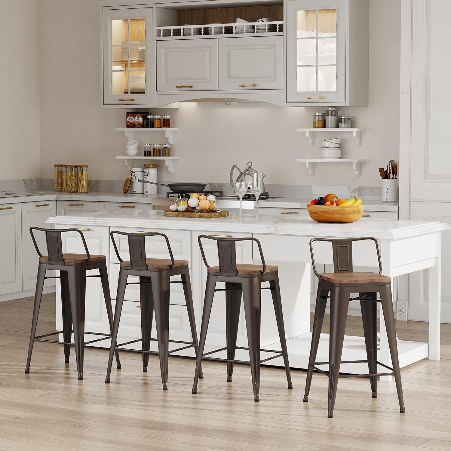 WENTMENT Bar Stools Set of 4 Counter Height Bar Stools Metal Barstools with Removable Back 30" Kitchen Bar Stools with Wooden Seat, Rusty
