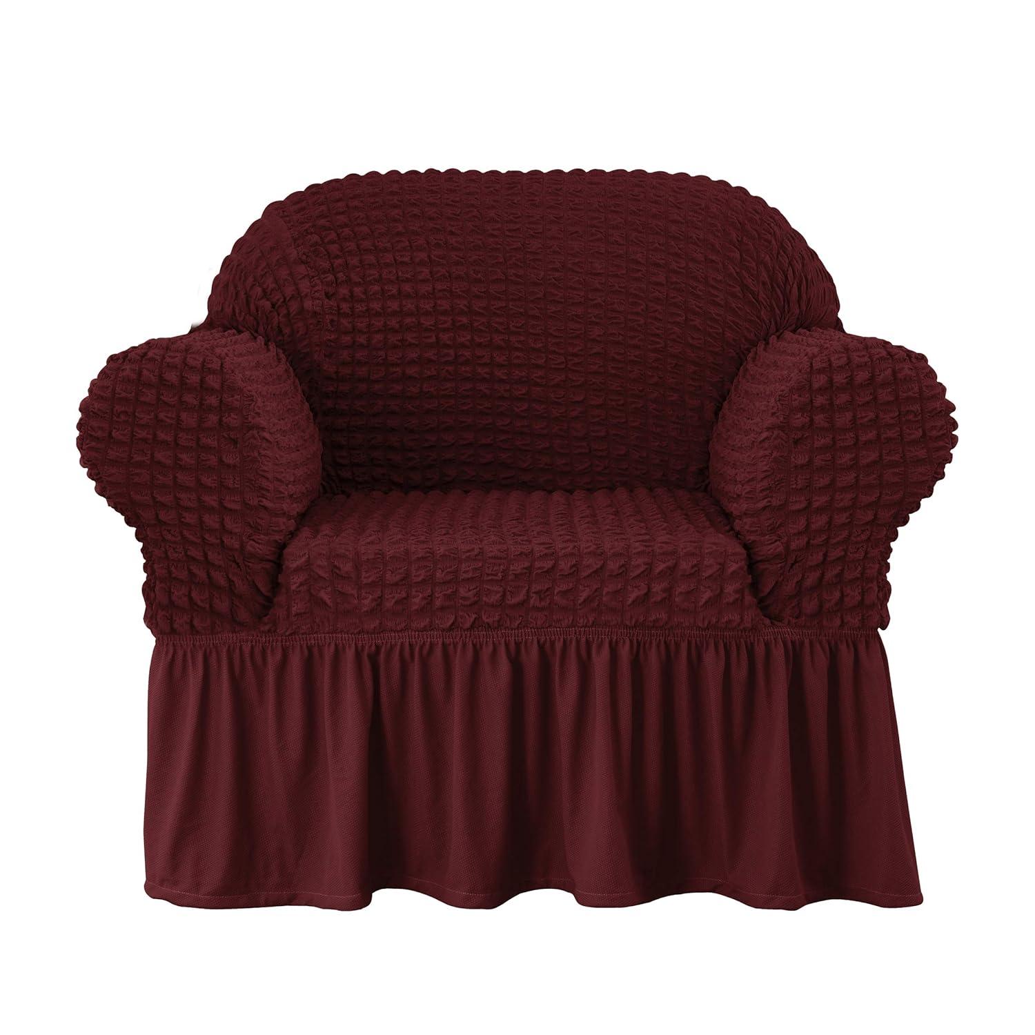 SUBRTEX 1 Piece Seersucker Sofa Slipcover with Skirt Universal Stretch Sofa Couch Slipcover Easy Fitted Chair Furniture Protector(1 Seater,Wine)