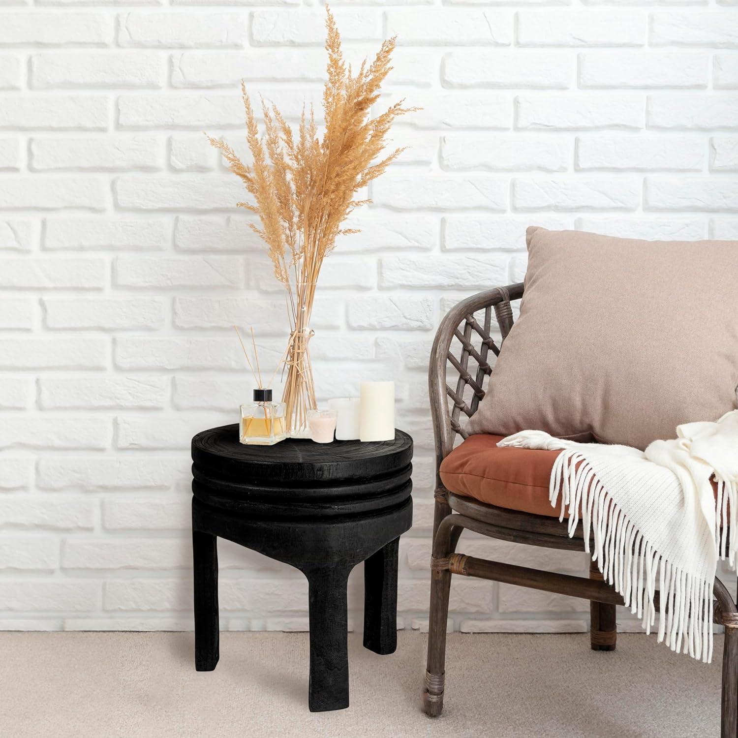 Storied Home Wood Carved Accent Table Matte Black