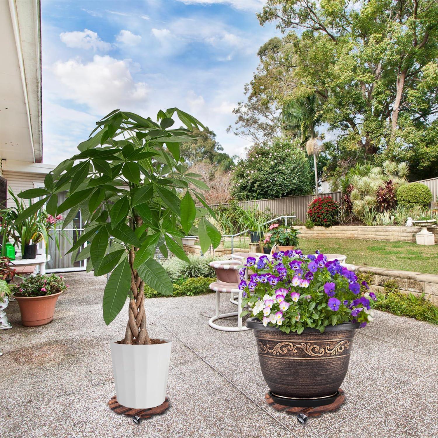 BUSATIA 2pack 12" Plant Caddy Plant Stand with Wheels,Rolling Plant Stand Heavy Duty Wooden Round Plant Dolly Rollers with 360°Metal Lockable Casters Indoor Outdoor Pot Plant Roller Base Caddies