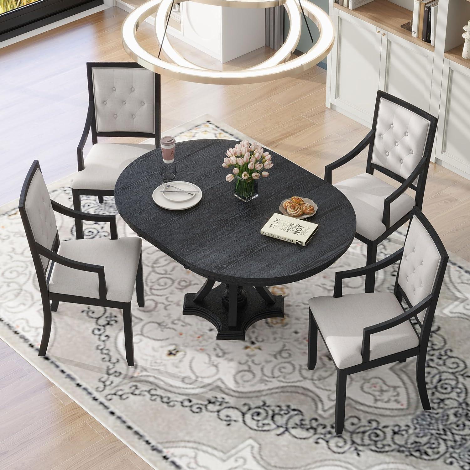 Black and Gray Extendable Round Dining Table Set with Cushioned Chairs