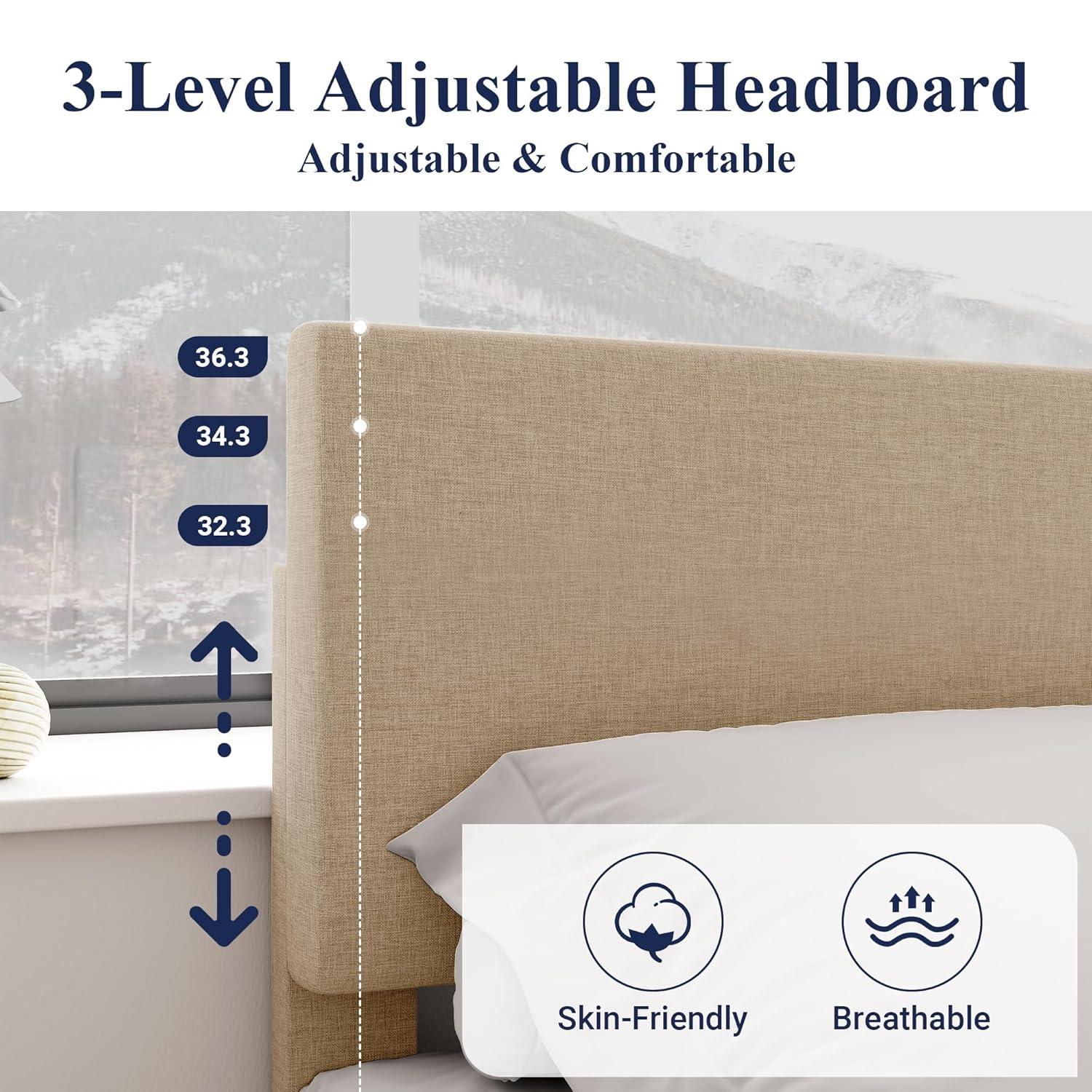 Allewie King Size Bed Frame with Adjustable Headboard, Upholstered Platform Bed with Wood Slats, Heavy Duty Mattress Foundation, No Box Spring Needed, Noise-Free, Easy Assembly, Beige