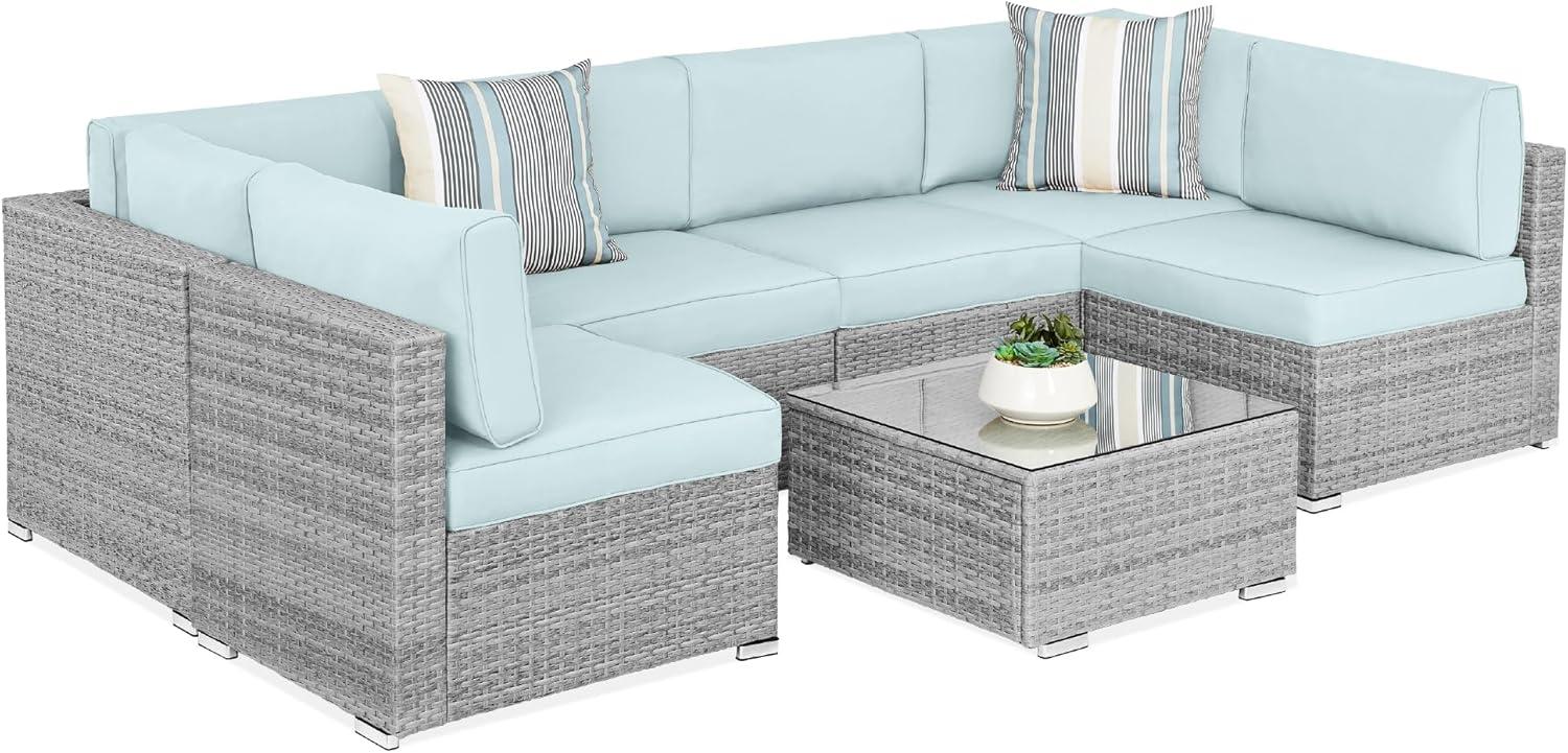 Best Choice Products 7-Piece Outdoor Modular Patio Conversation Furniture, Wicker Sectional Set - Gray/Pastel Blue