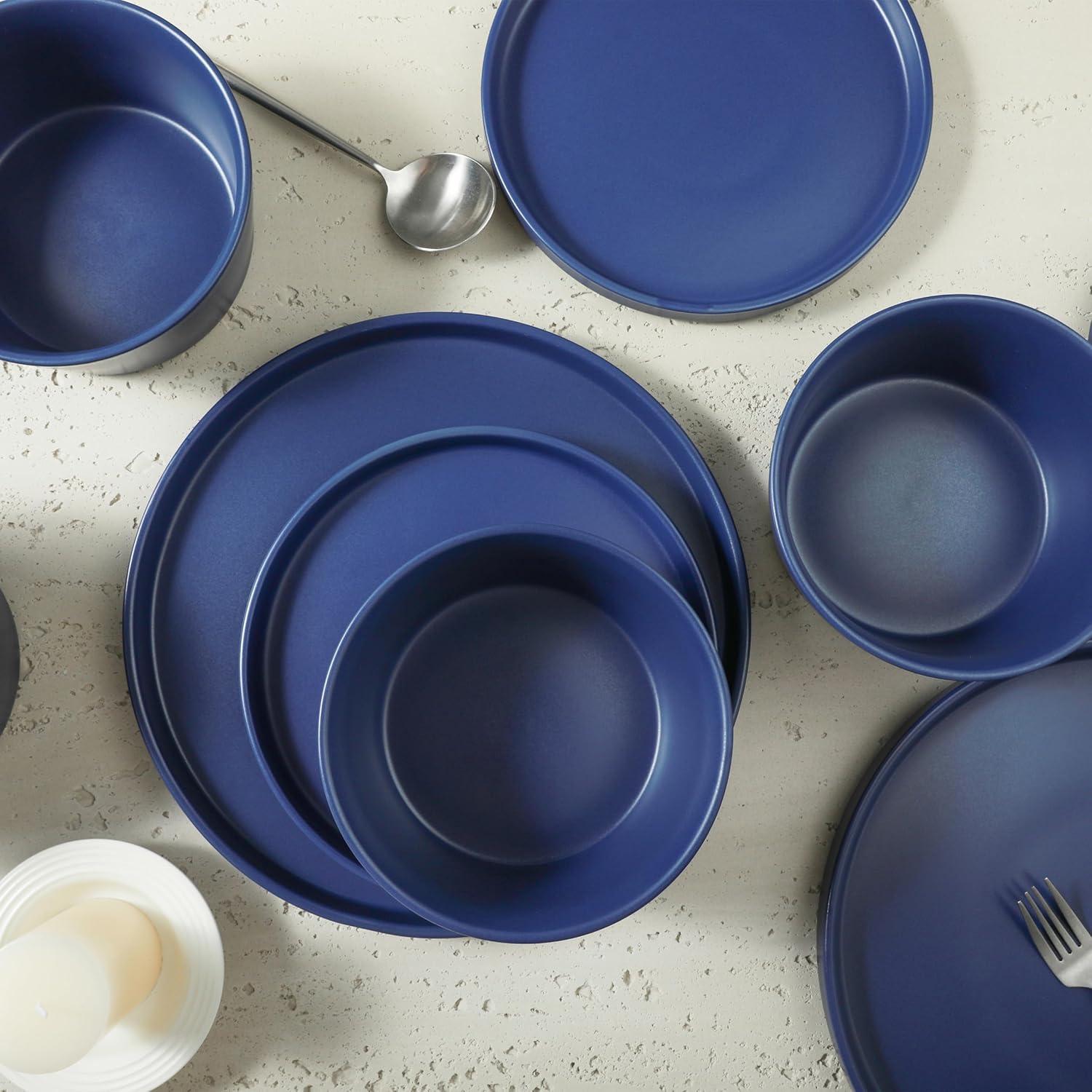 Blue Ceramic 16-Piece Solid Dinnerware Set for 8