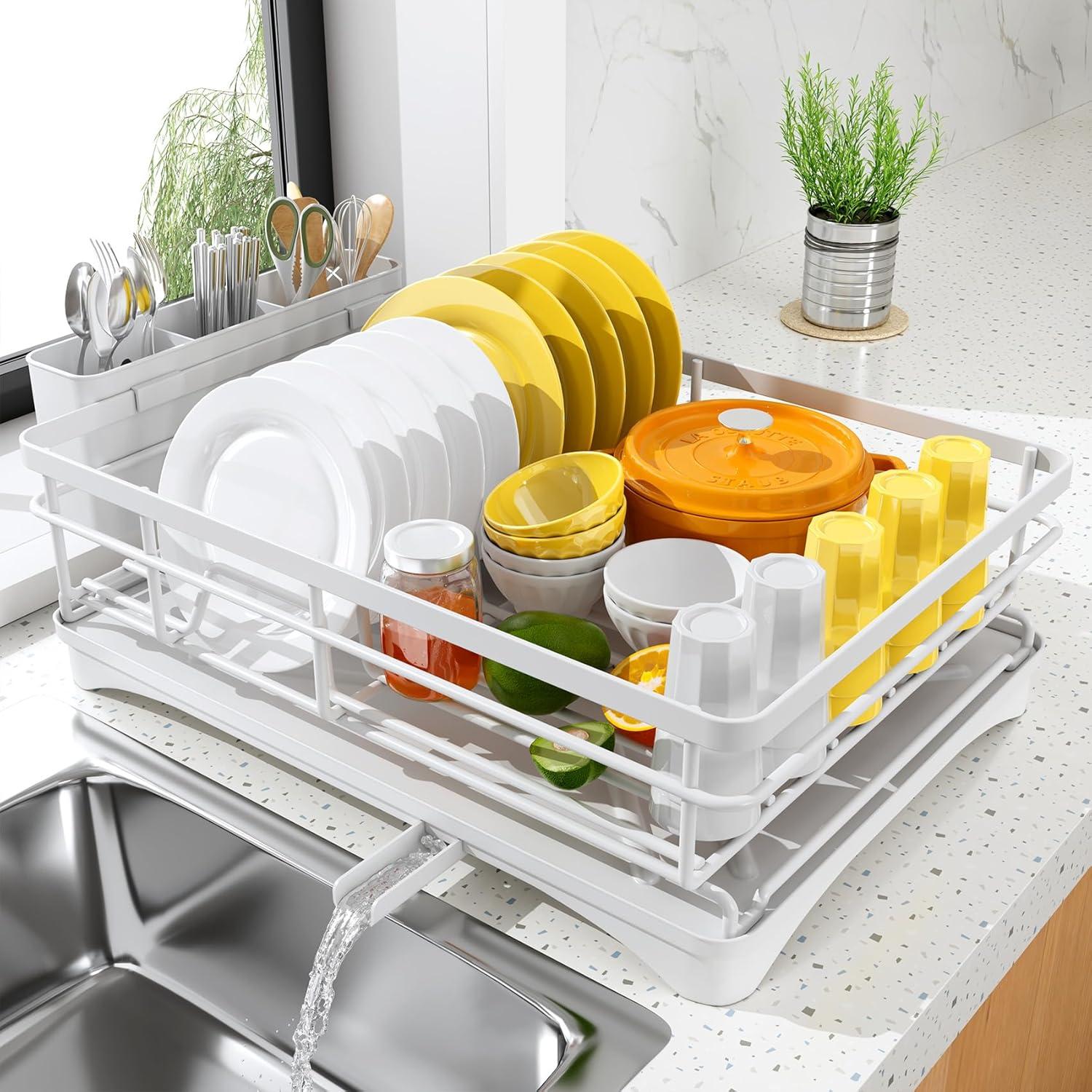 Expandable Stainless Steel Dish Drying Rack with Utensil Holder, White