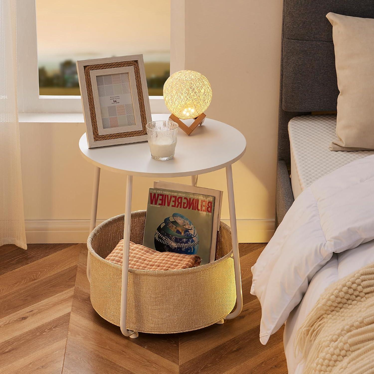Lorelia Small Round Side End Table Living Room Nightstand Bedside Fabric Baske Table