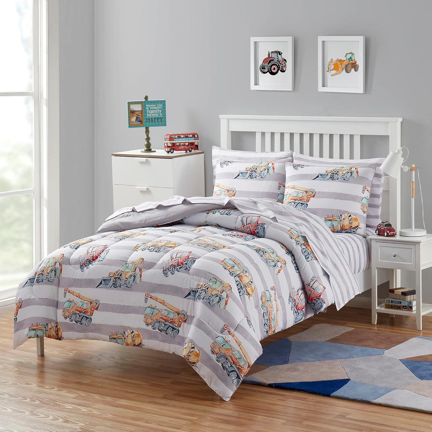 Construction Trucks Gray/Blue/Orange Comforter Set with Sheet set