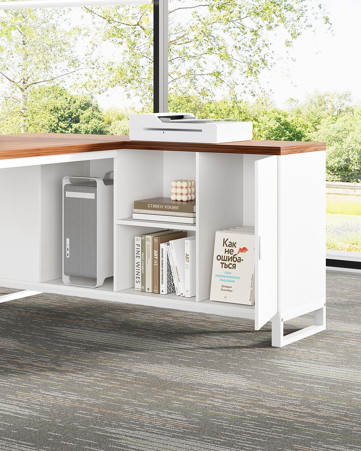 LITTLE TREE 70.8 Inches Executive Desk and 55 Inches File Cabinet Combo, Large L Shaped Computer Desk with Storage Cabinet and Shelves, Modern Business Furniture for Home Office, Rustic Brown & Black